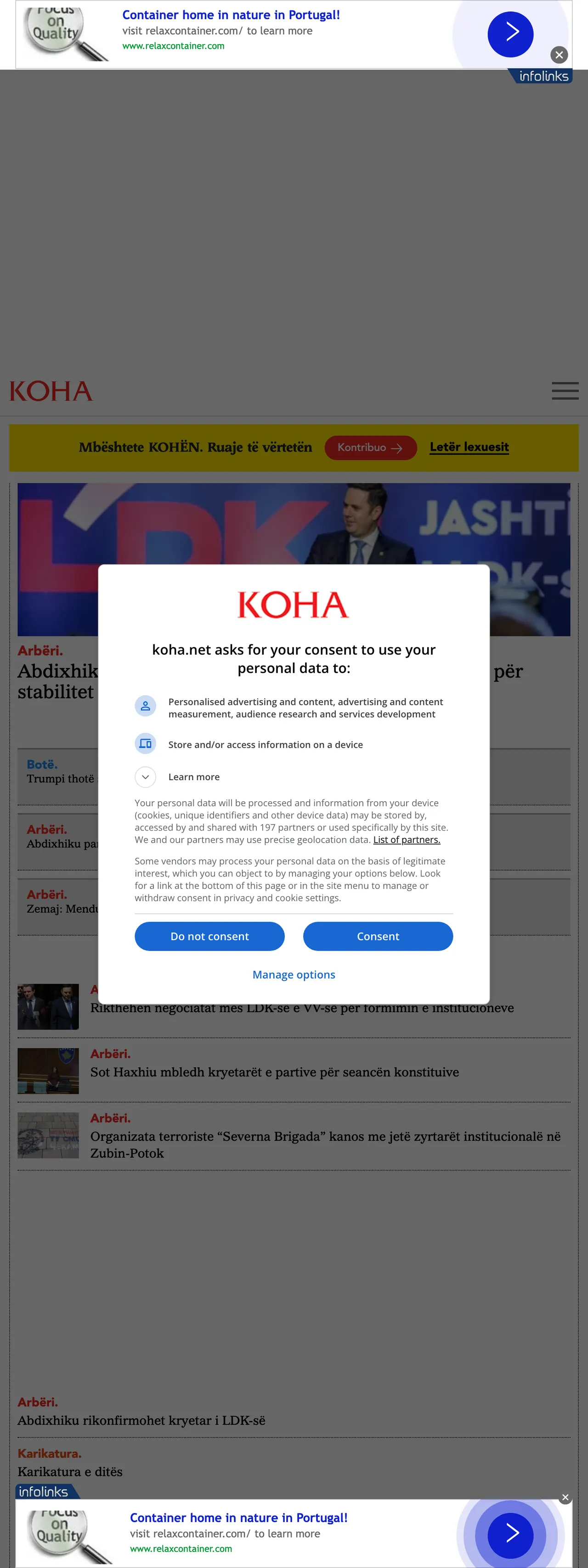 Screenshot of the Koha Ditore front page