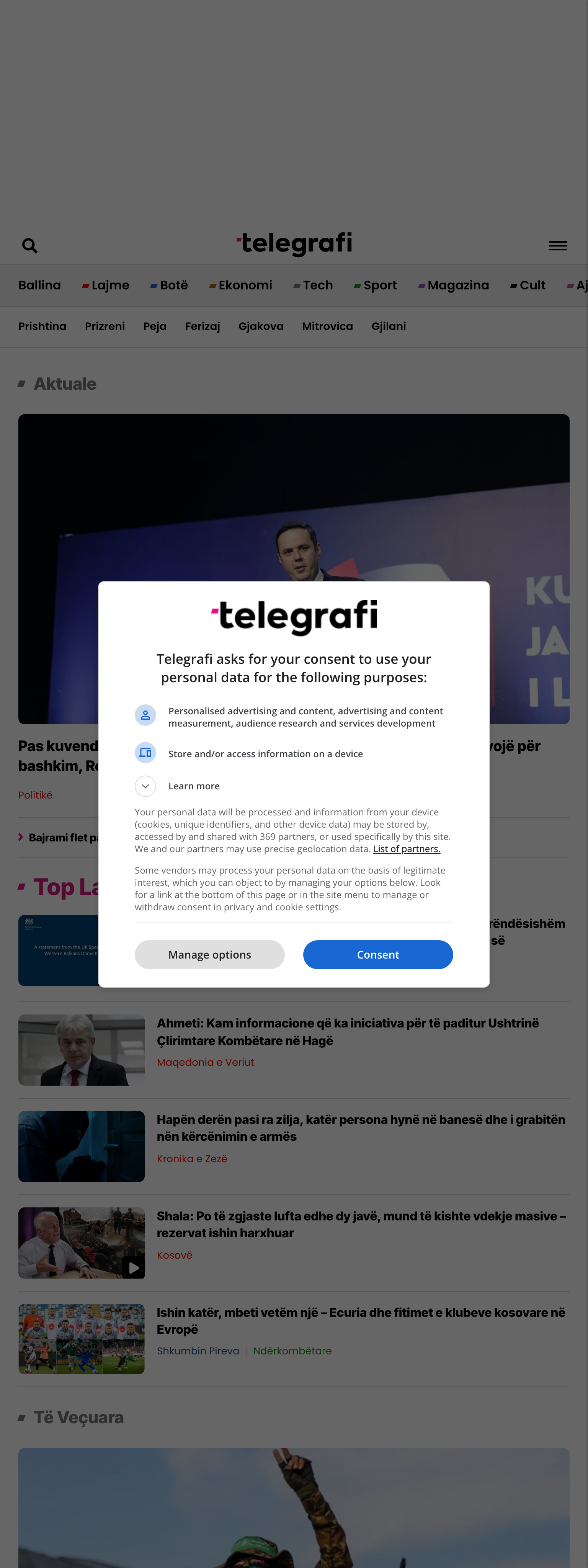 Screenshot of the Telegrafi front page