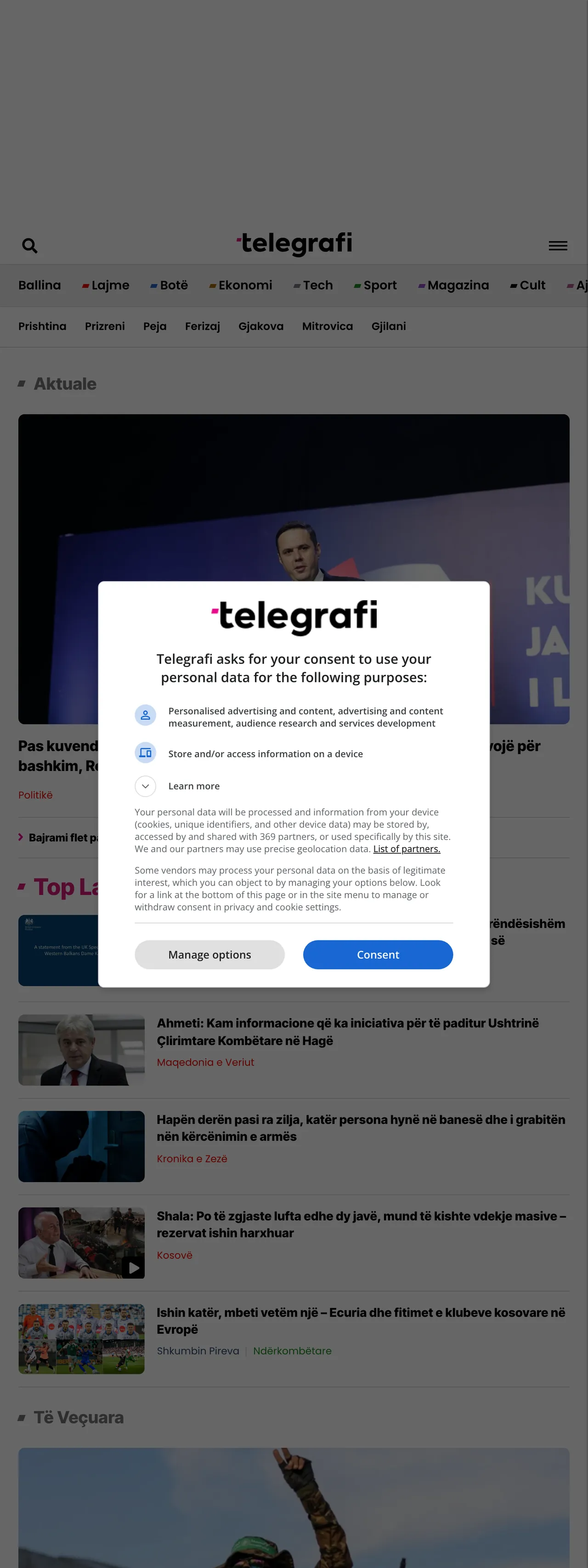 Screenshot of the Telegrafi front page