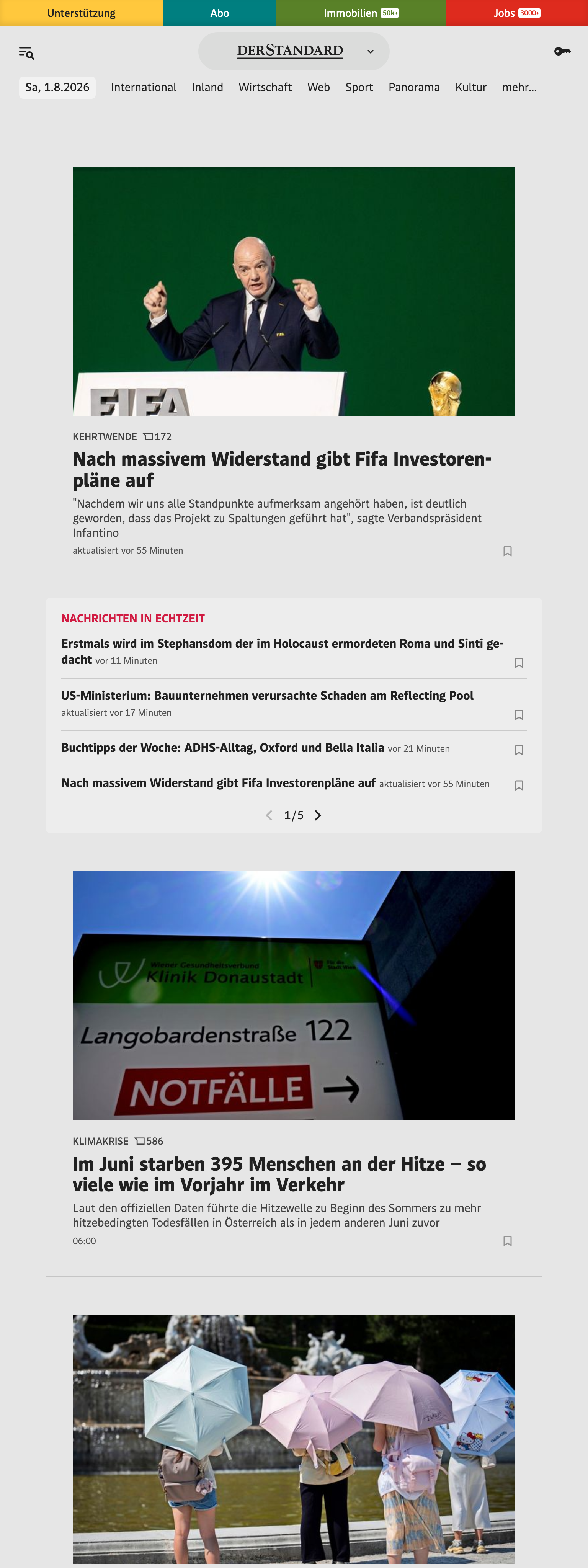 Screenshot of the DER STANDARD front page