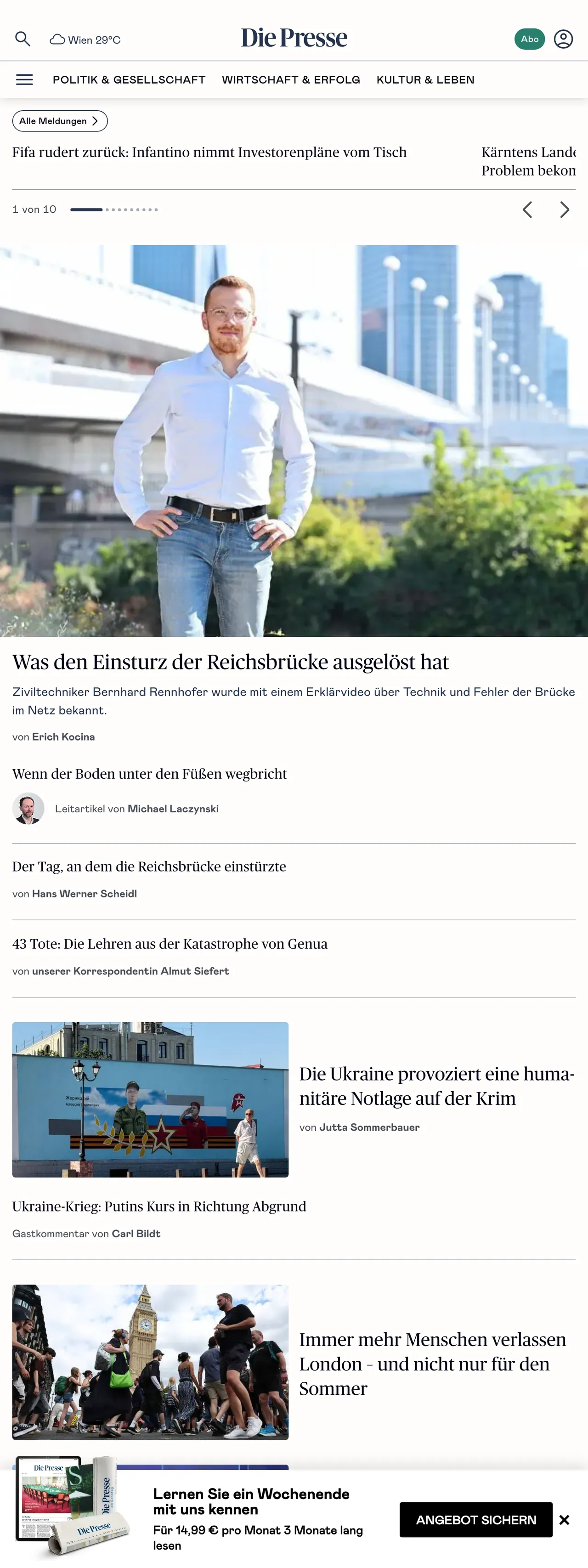 Screenshot of the Die Presse front page