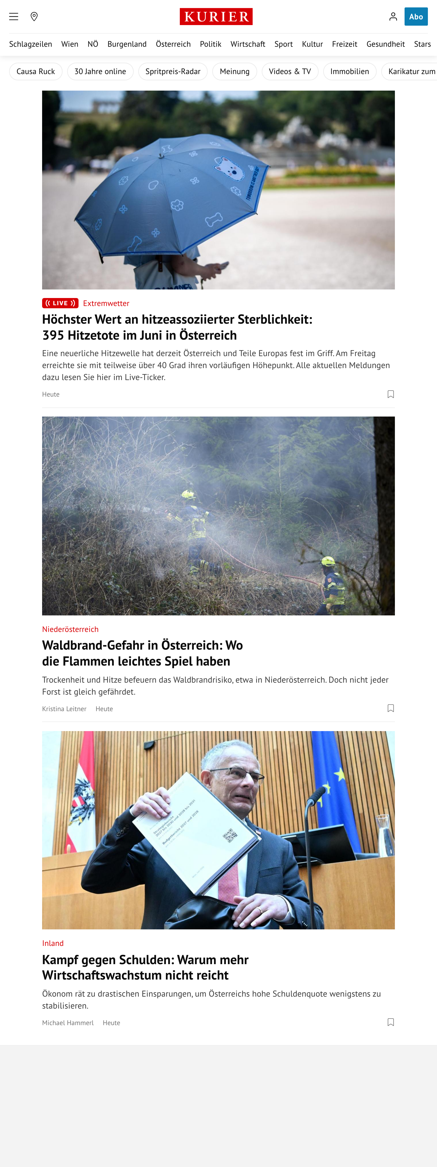 Screenshot of the Kurier front page