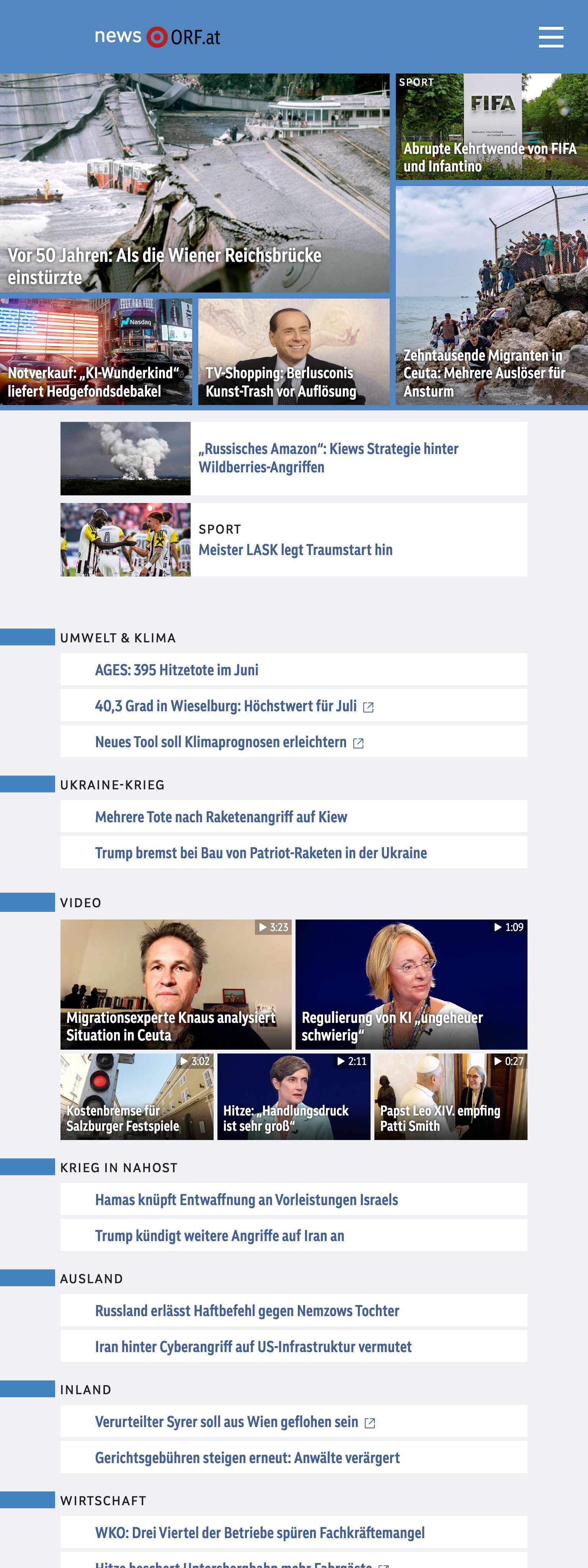 Screenshot of the ORF front page