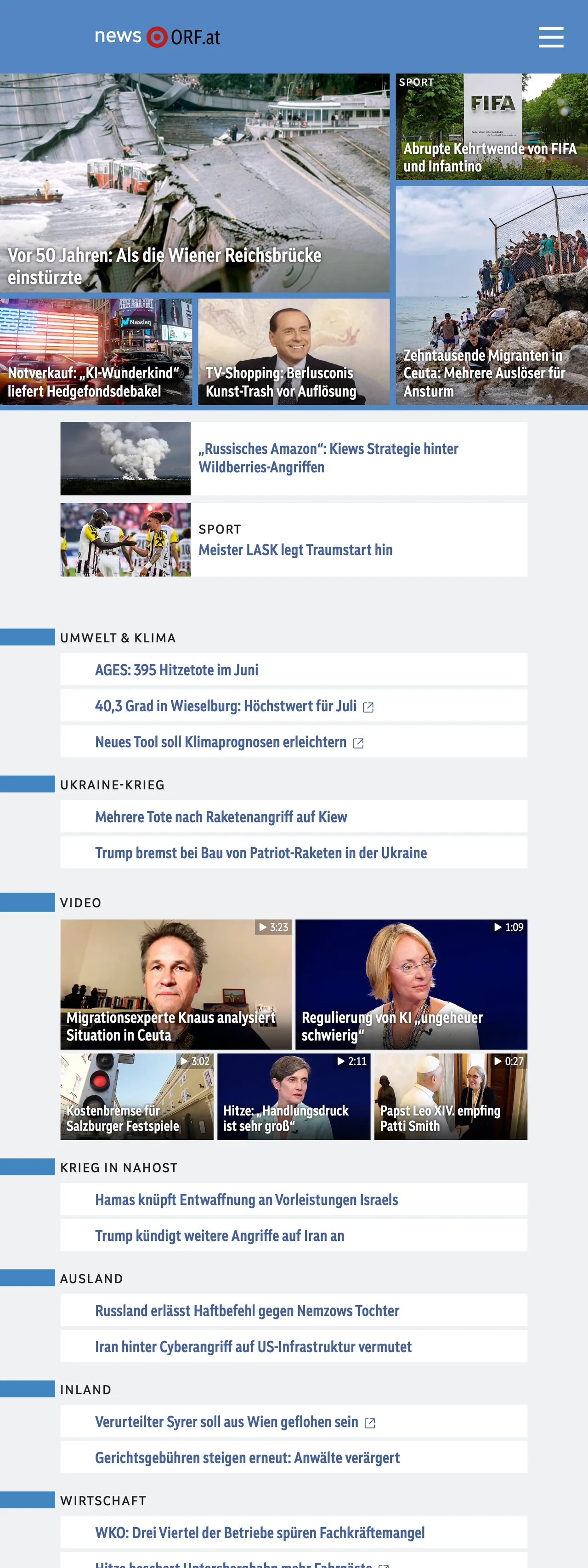 Screenshot of the ORF front page