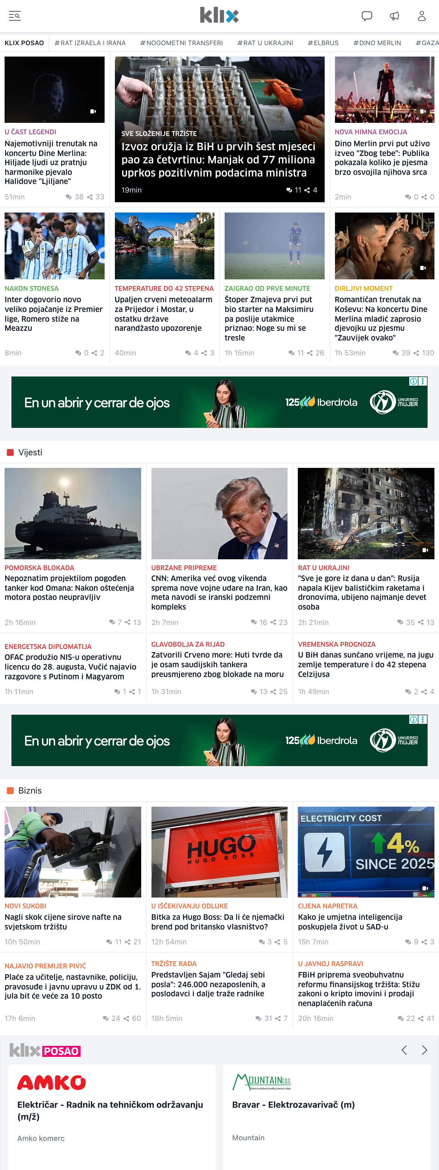 Screenshot of the Klix.ba front page