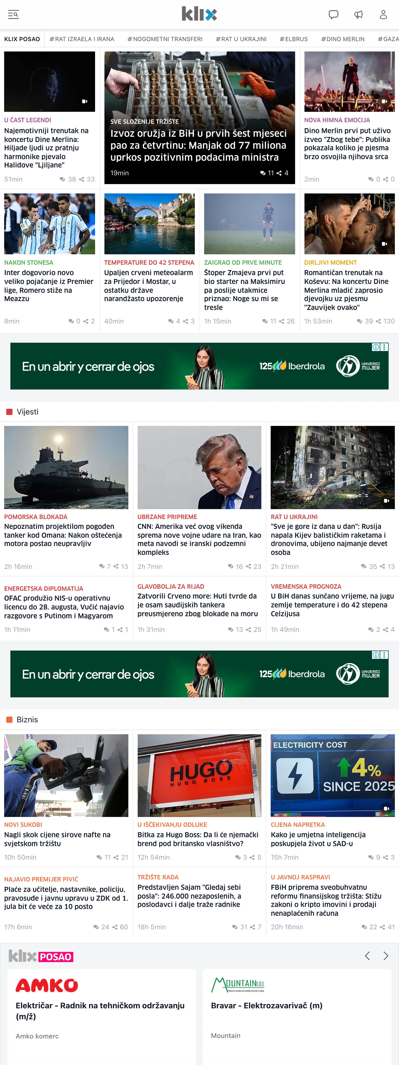 Screenshot of the Klix.ba front page