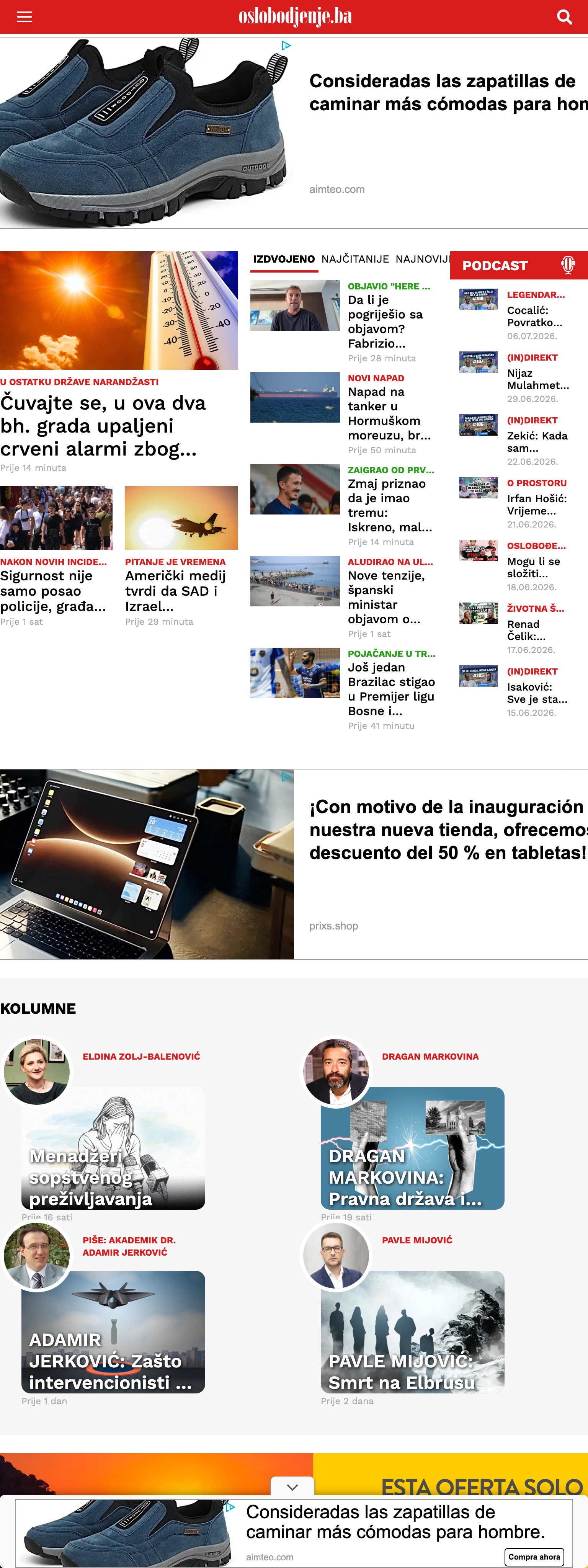 Screenshot of the Oslobođenje front page
