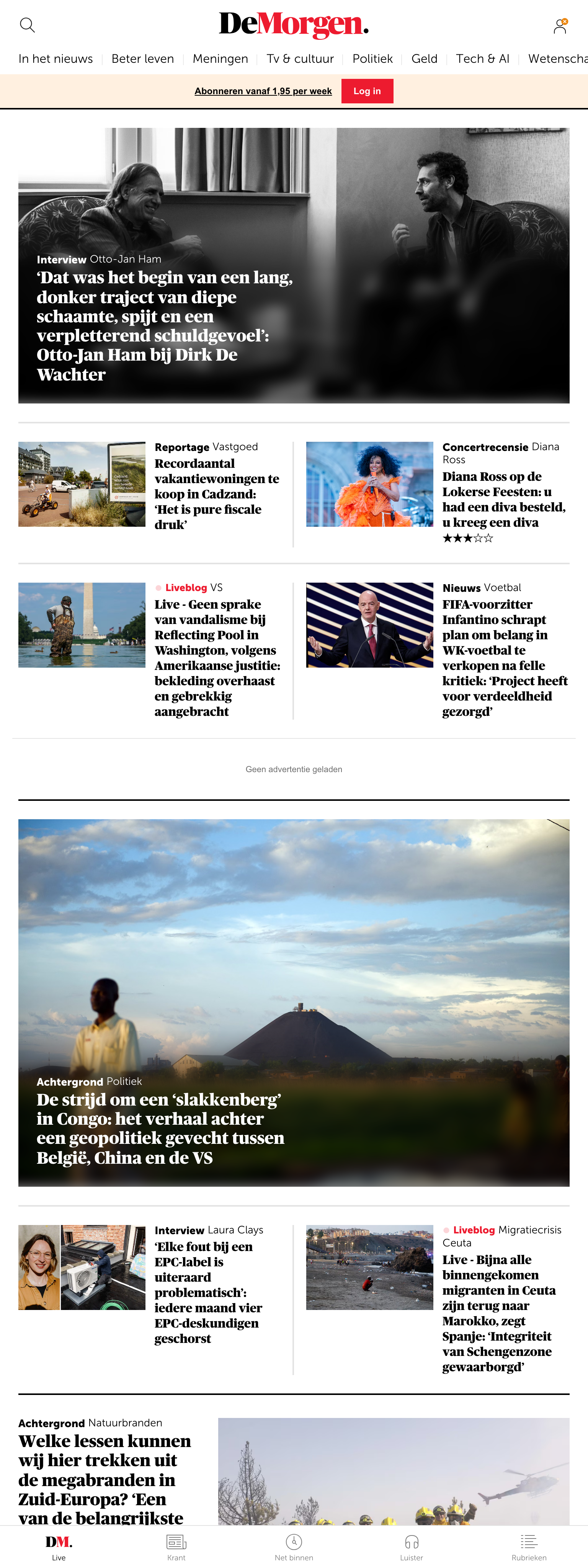 Screenshot of the De Morgen front page