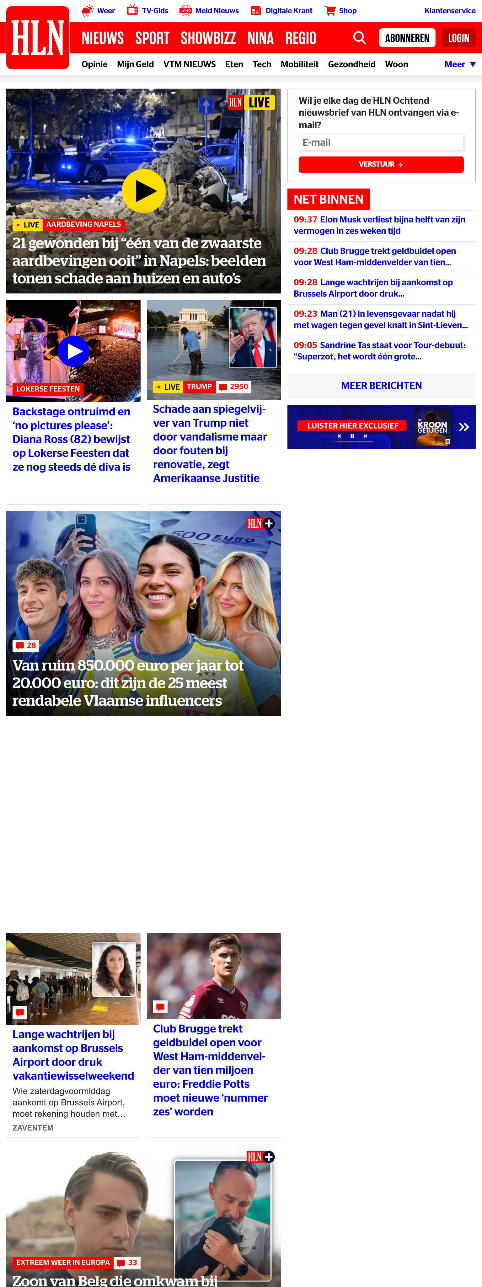 Screenshot of the HLN front page