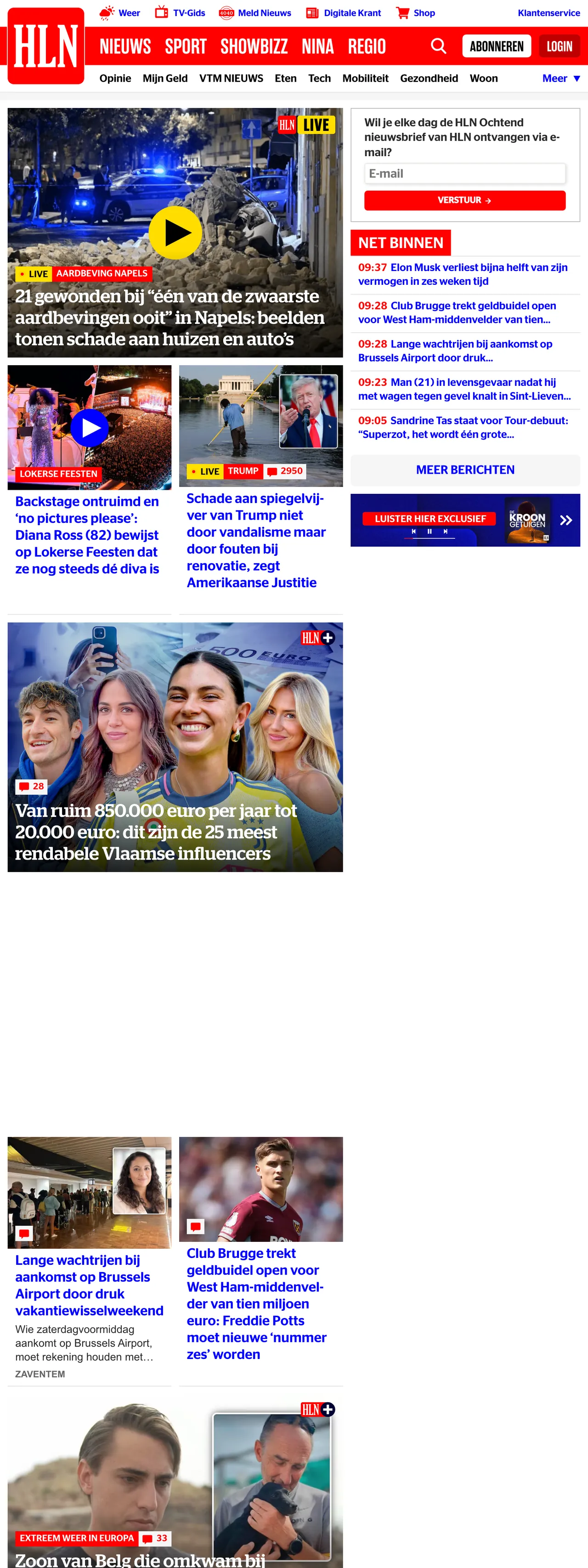 Screenshot of the HLN front page