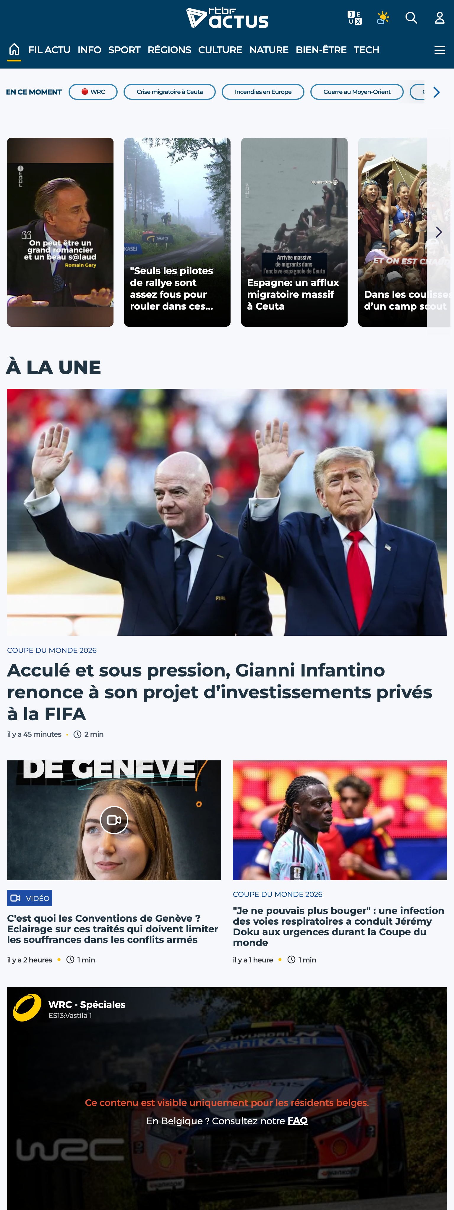Screenshot of the RTBF front page