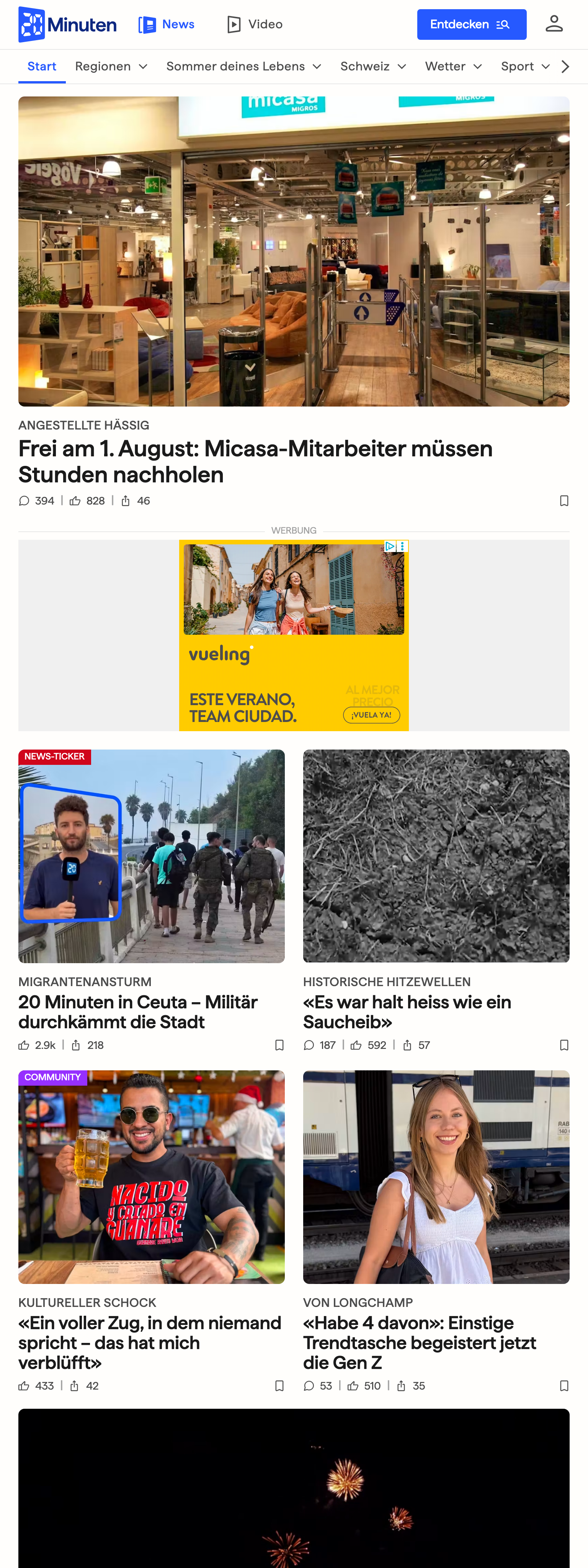 Screenshot of the 20 Minuten front page