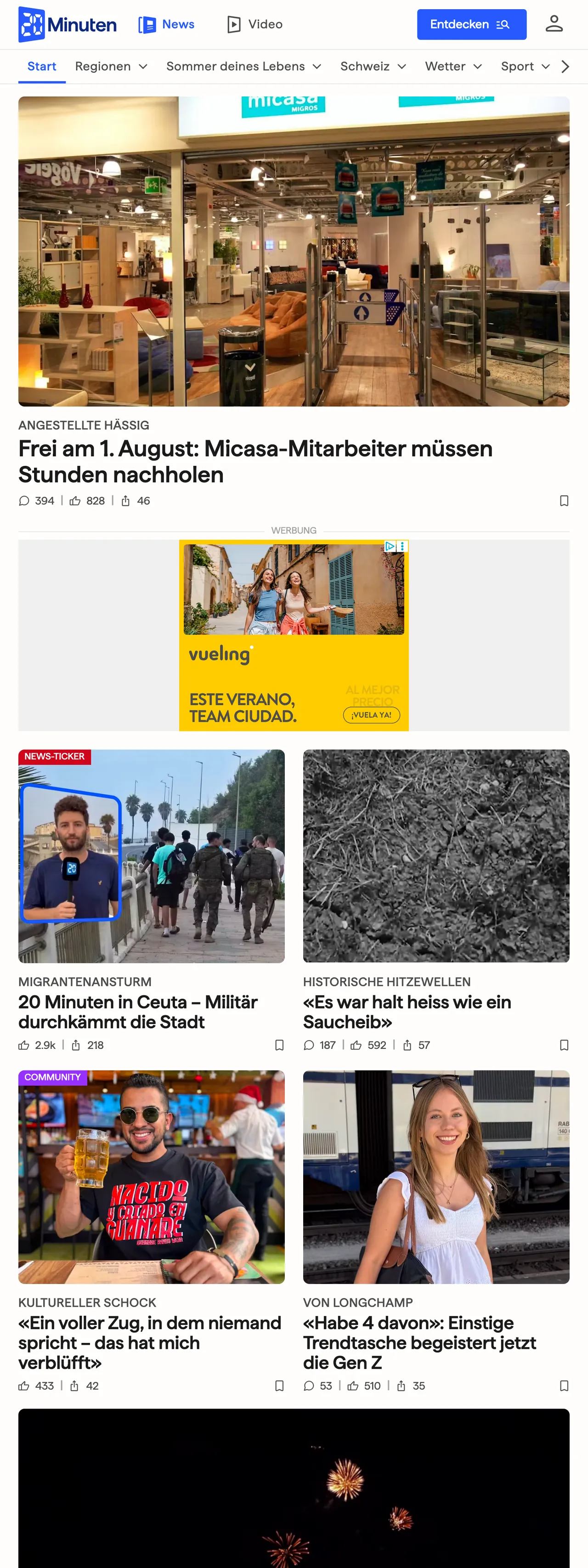 Screenshot of the 20 Minuten front page
