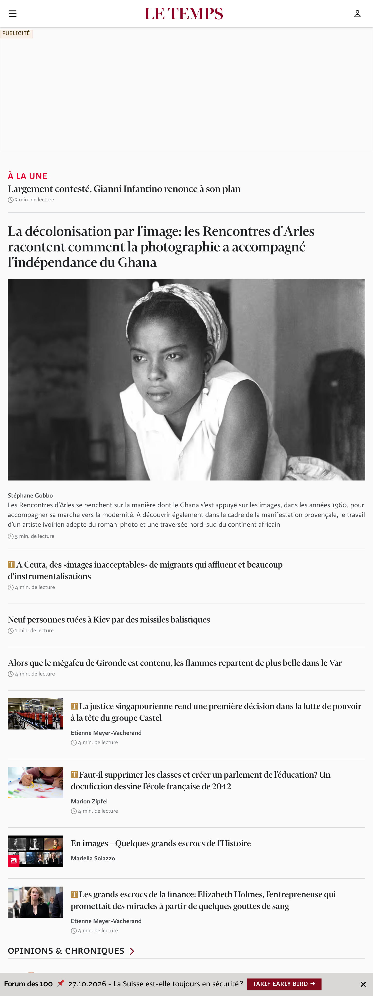 Screenshot of the Le Temps front page