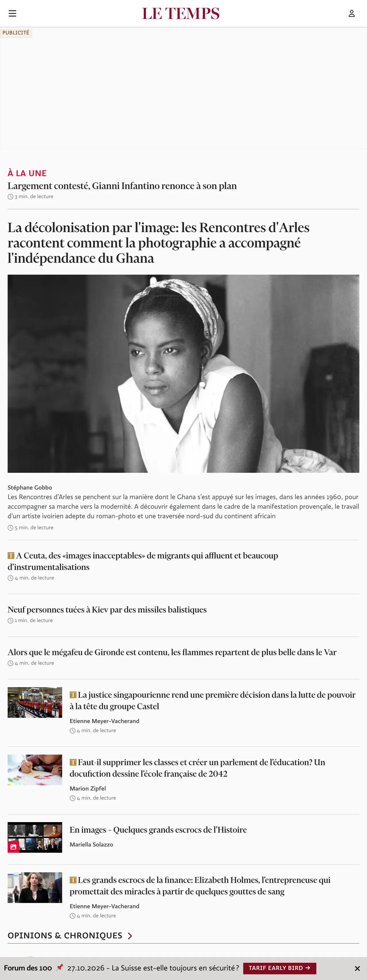 Screenshot of the Le Temps front page
