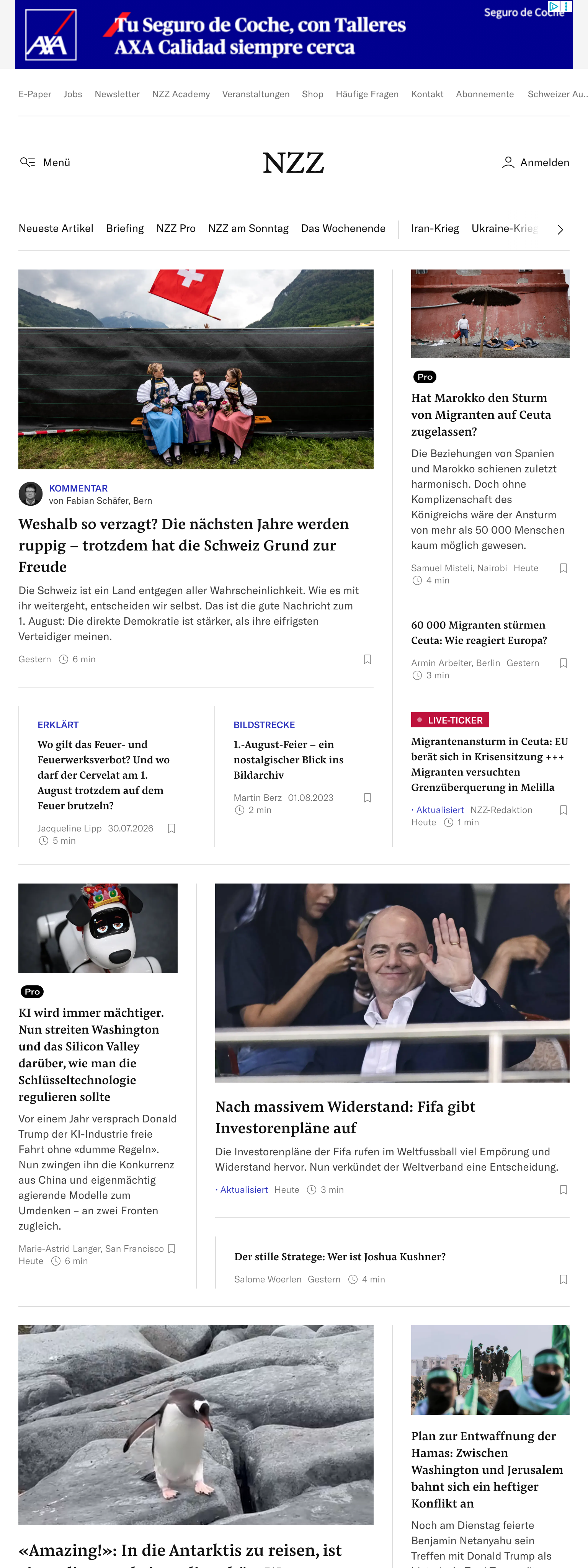 Screenshot of the Neue Zürcher Zeitung front page