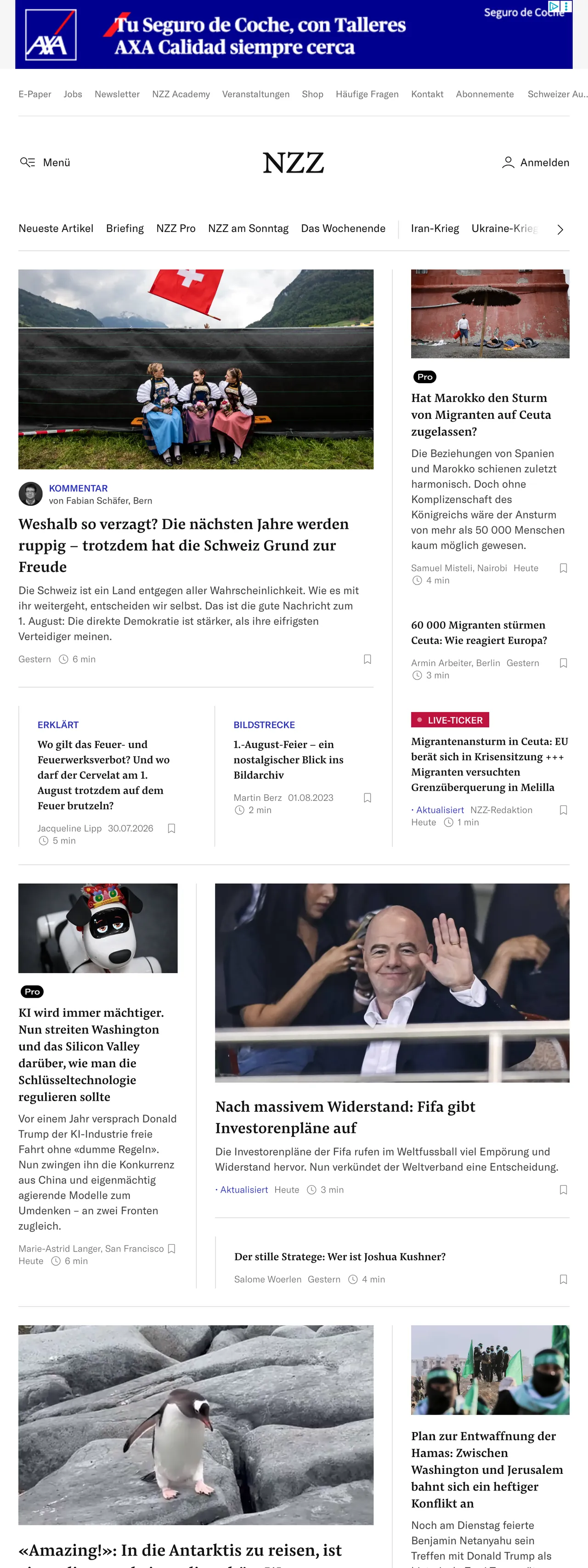 Screenshot of the Neue Zürcher Zeitung front page
