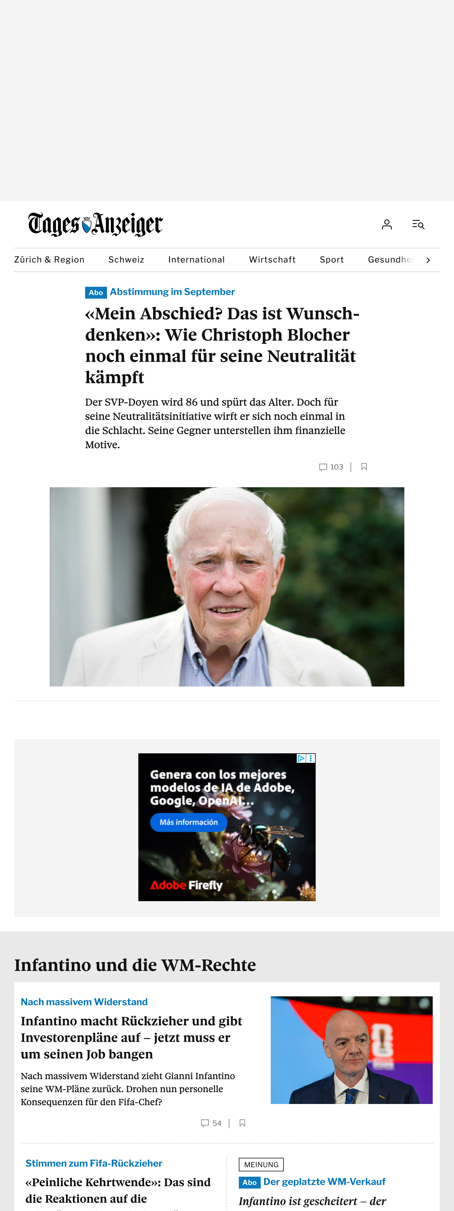 Screenshot of the Tages-Anzeiger front page