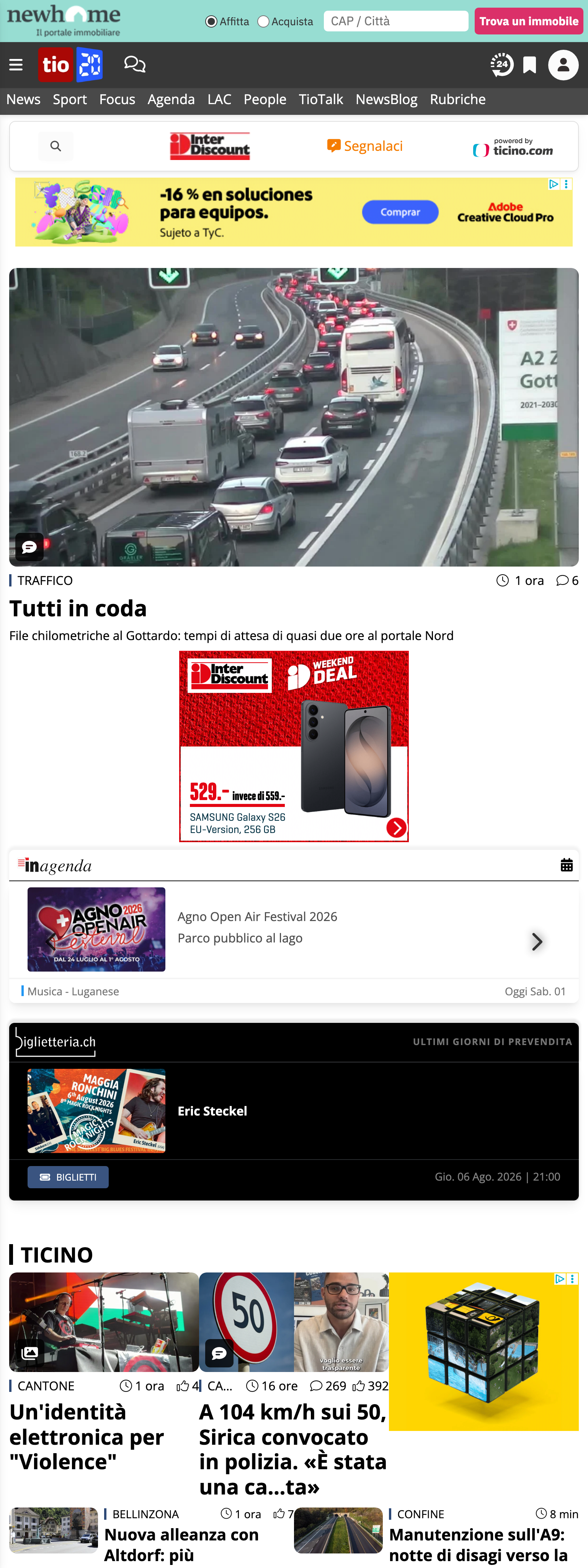 Screenshot of the Ticinonline front page