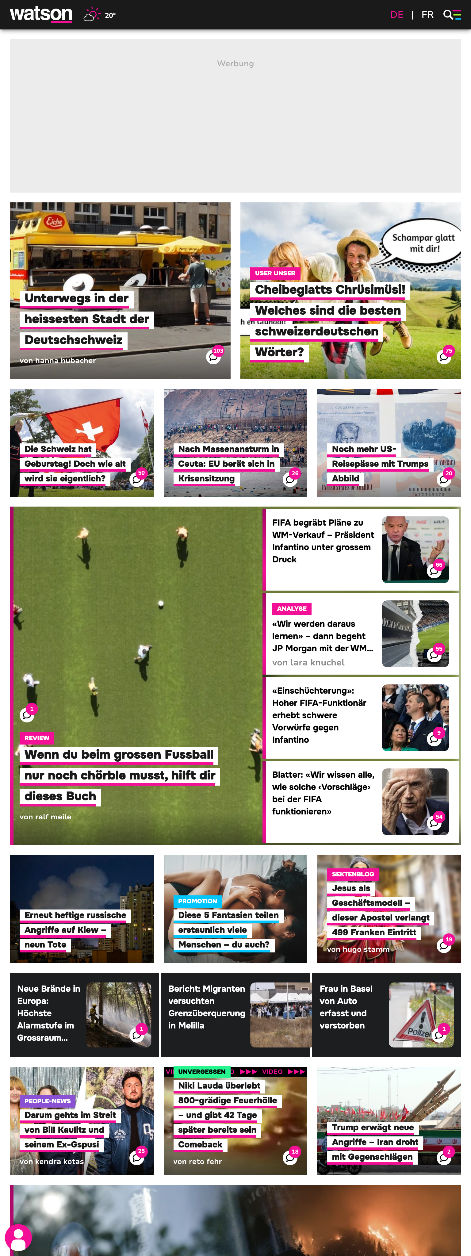 Screenshot of the watson front page