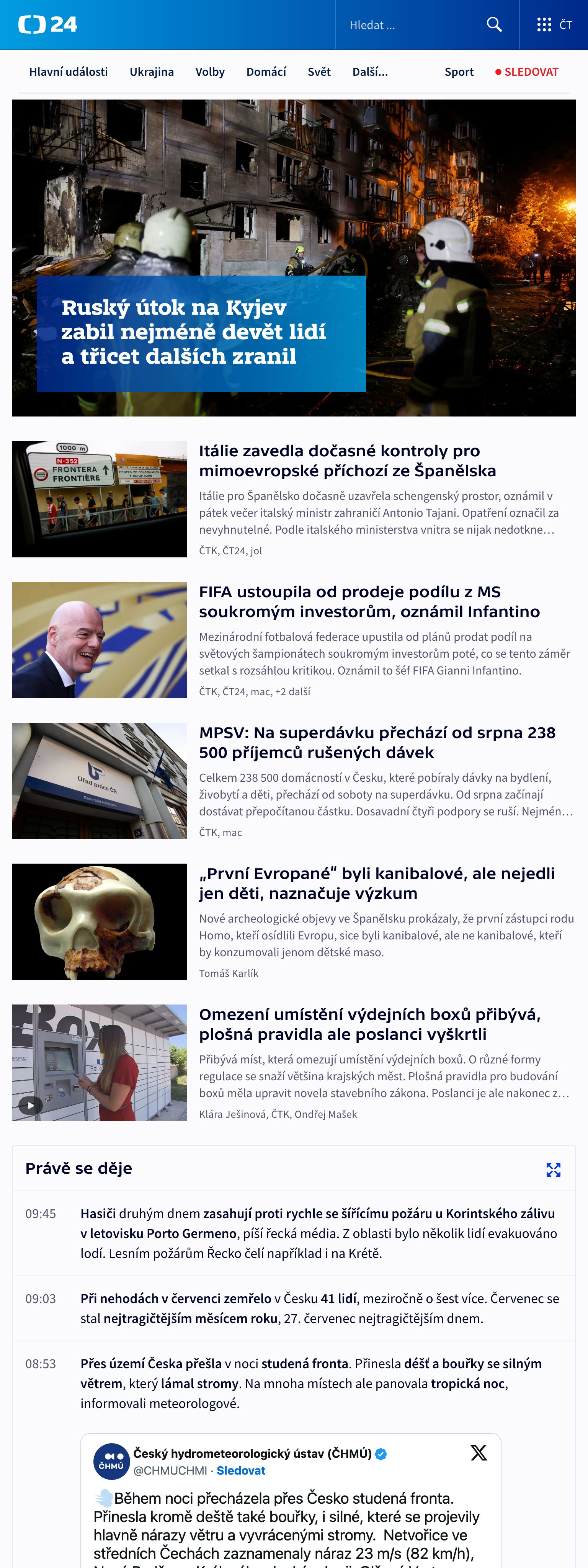 Screenshot of the ČT24 front page