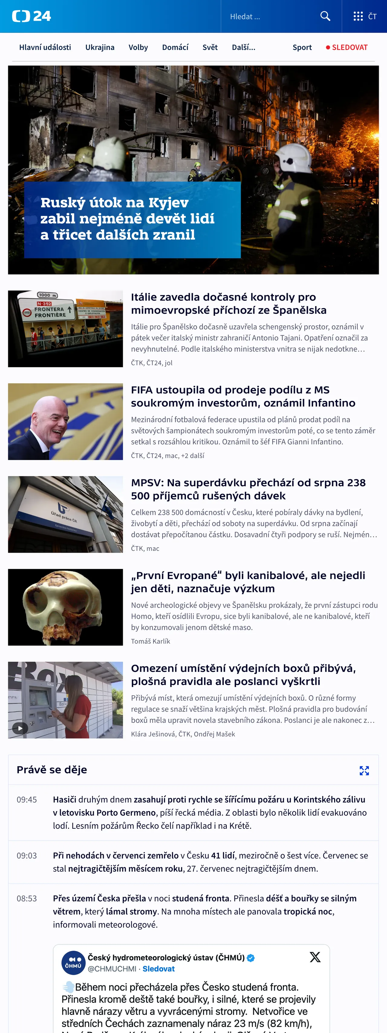 Screenshot of the ČT24 front page