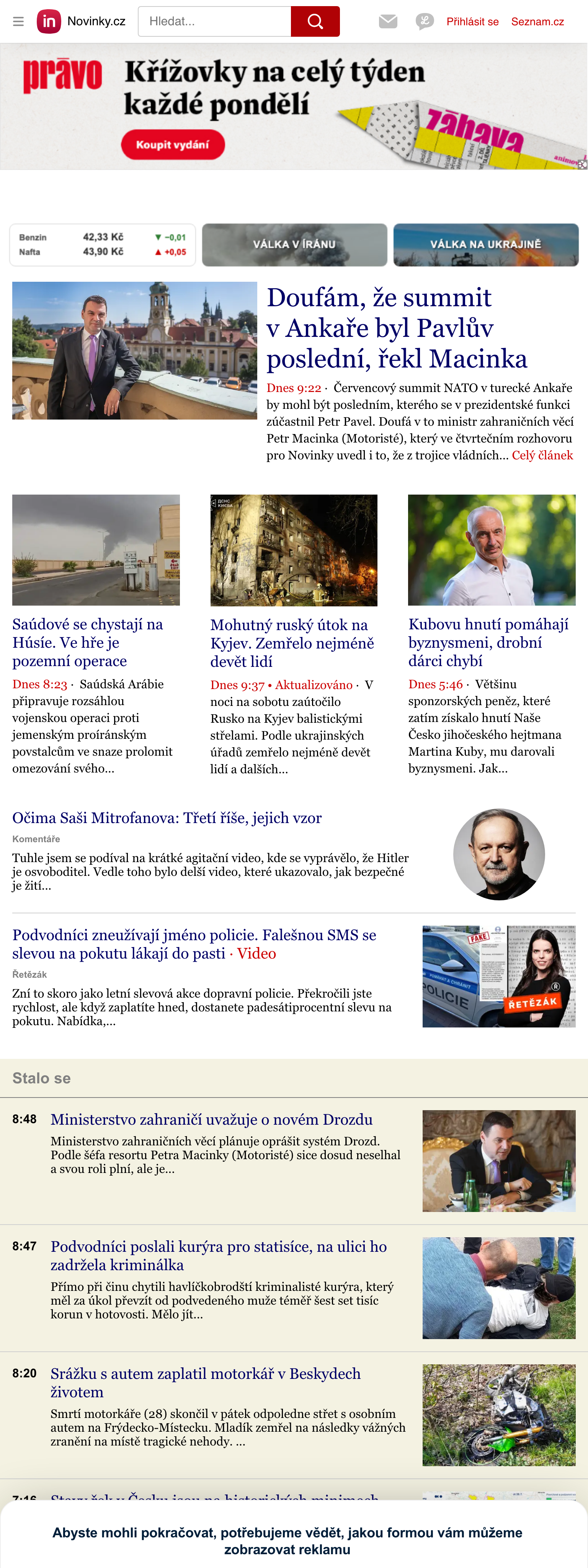 Screenshot of the Novinky.cz front page