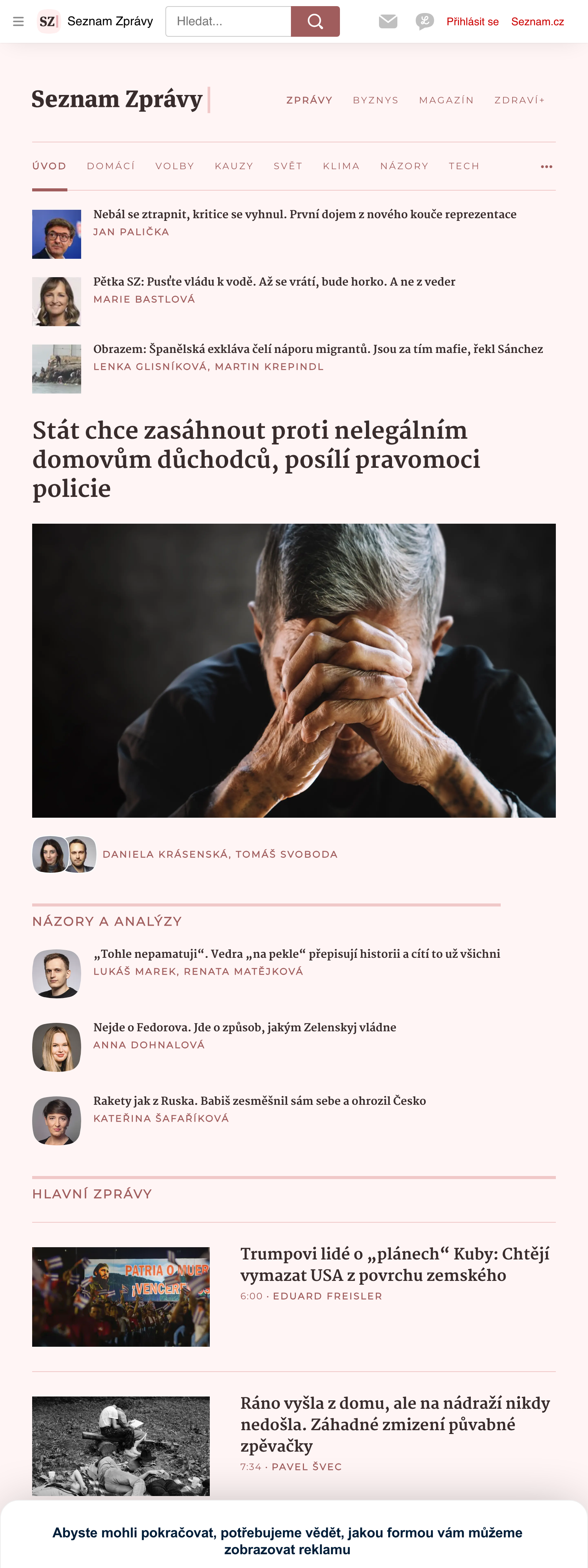 Screenshot of the Seznam Zprávy front page