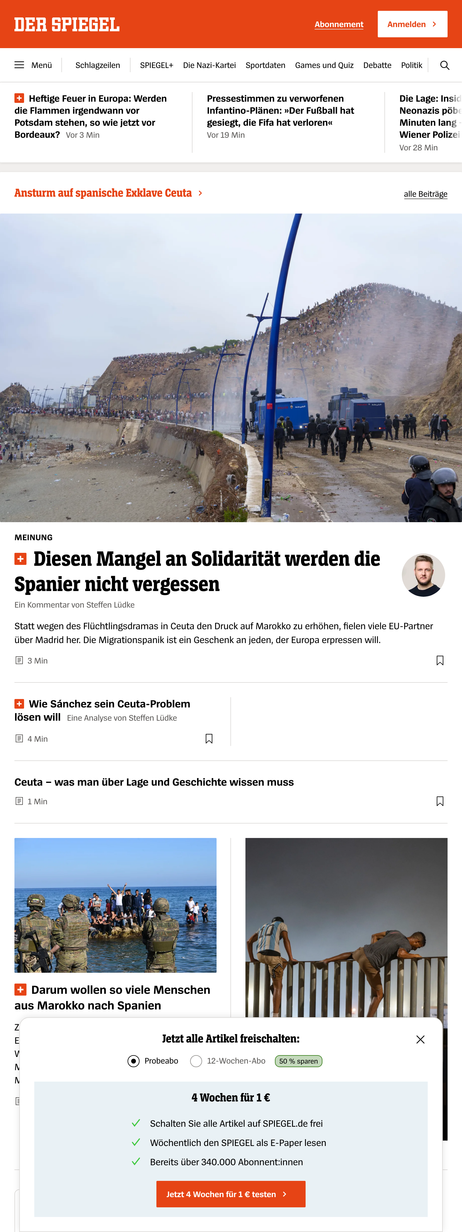 Screenshot of the DER SPIEGEL front page