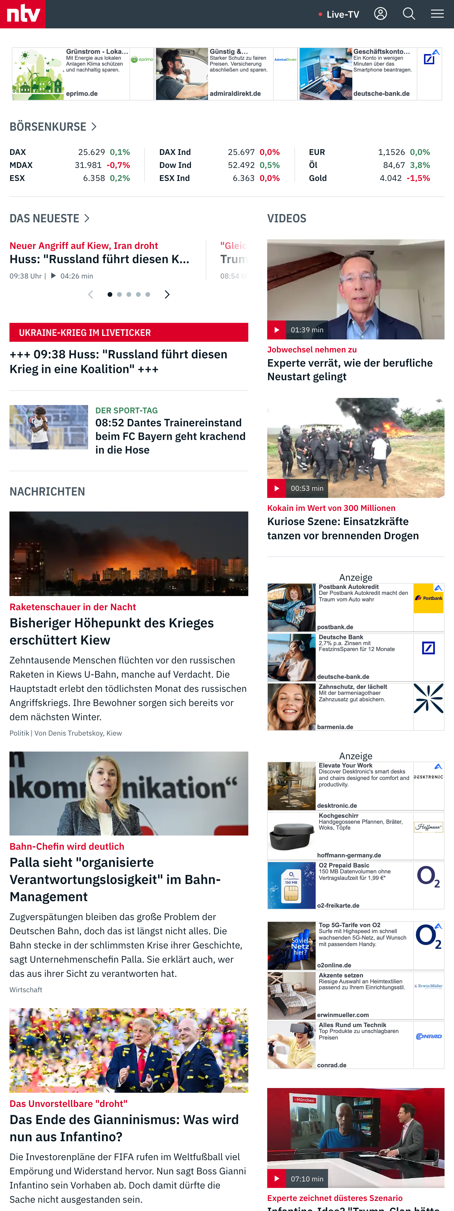 Screenshot of the n-tv front page