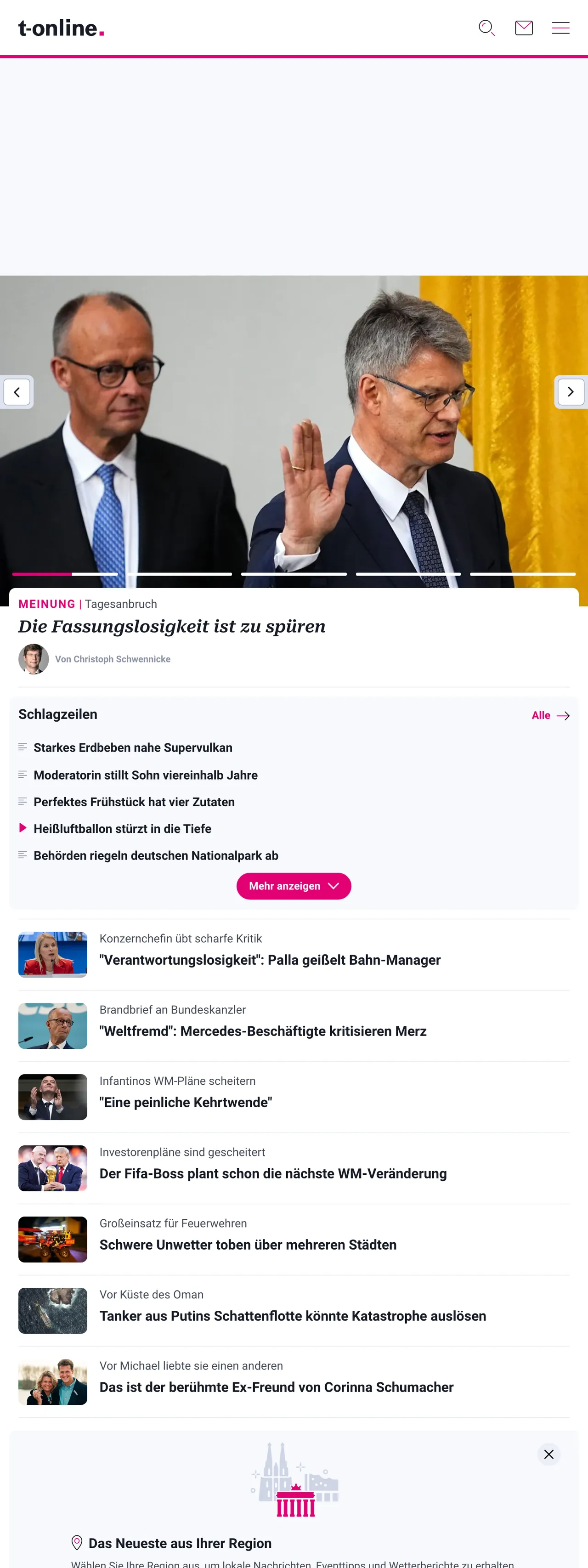 Screenshot of the t-online front page