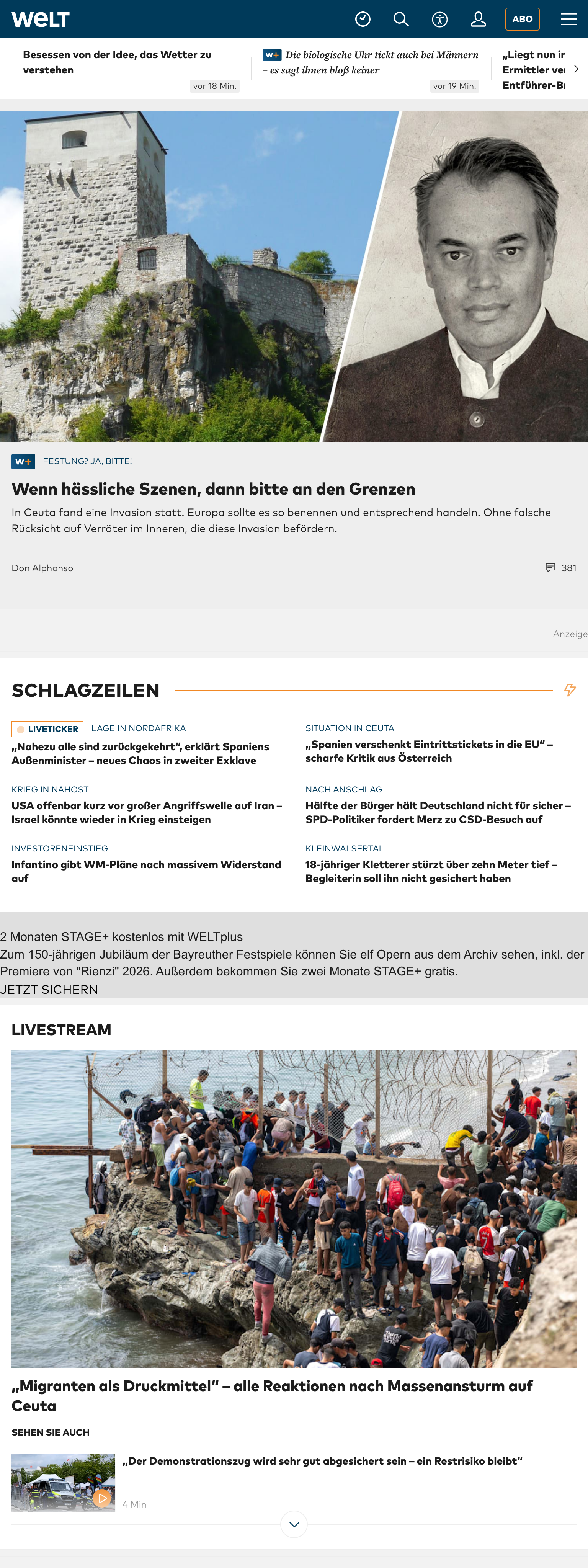 Screenshot of the WELT front page