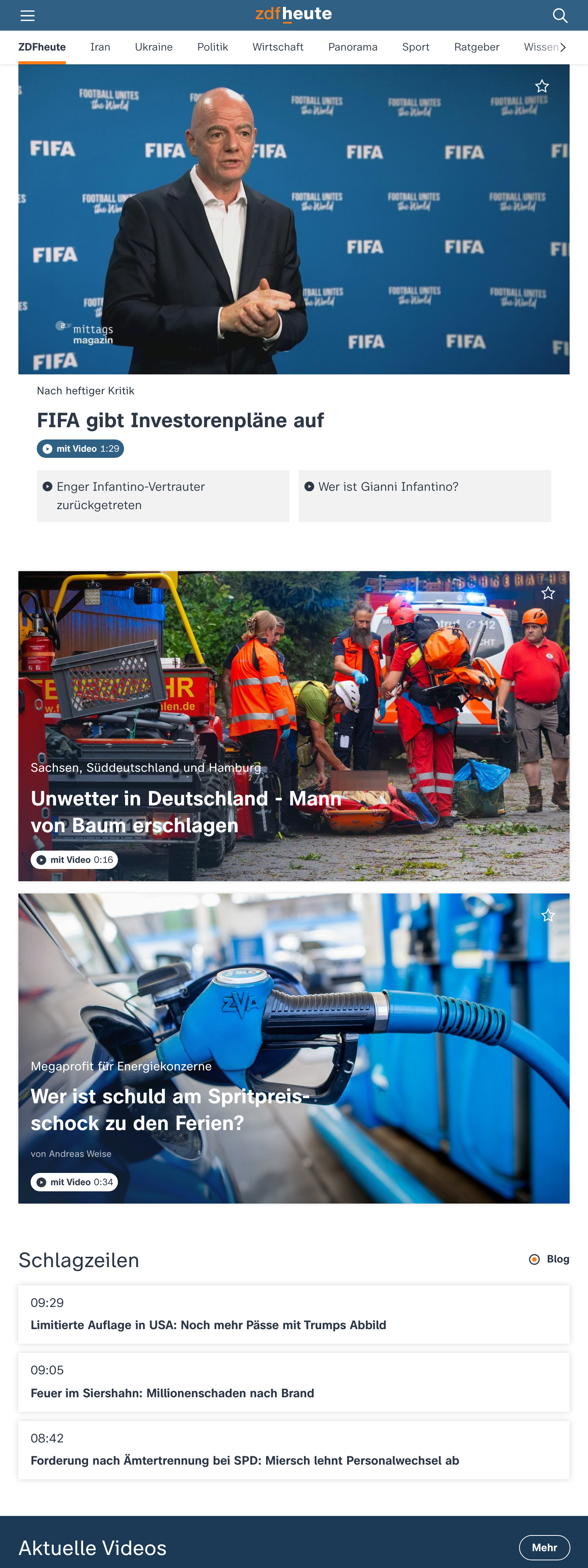 Screenshot of the ZDFheute front page