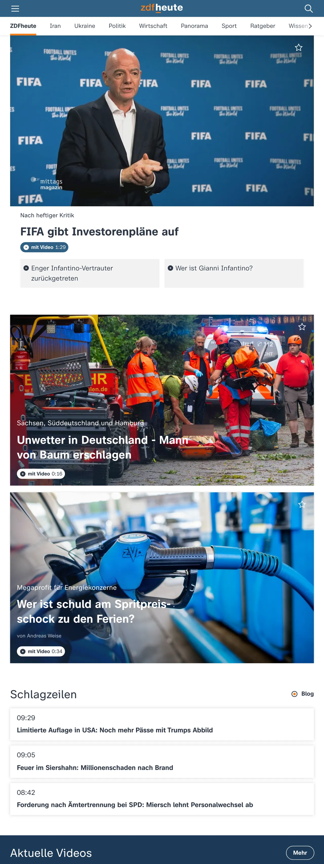 Screenshot of the ZDFheute front page