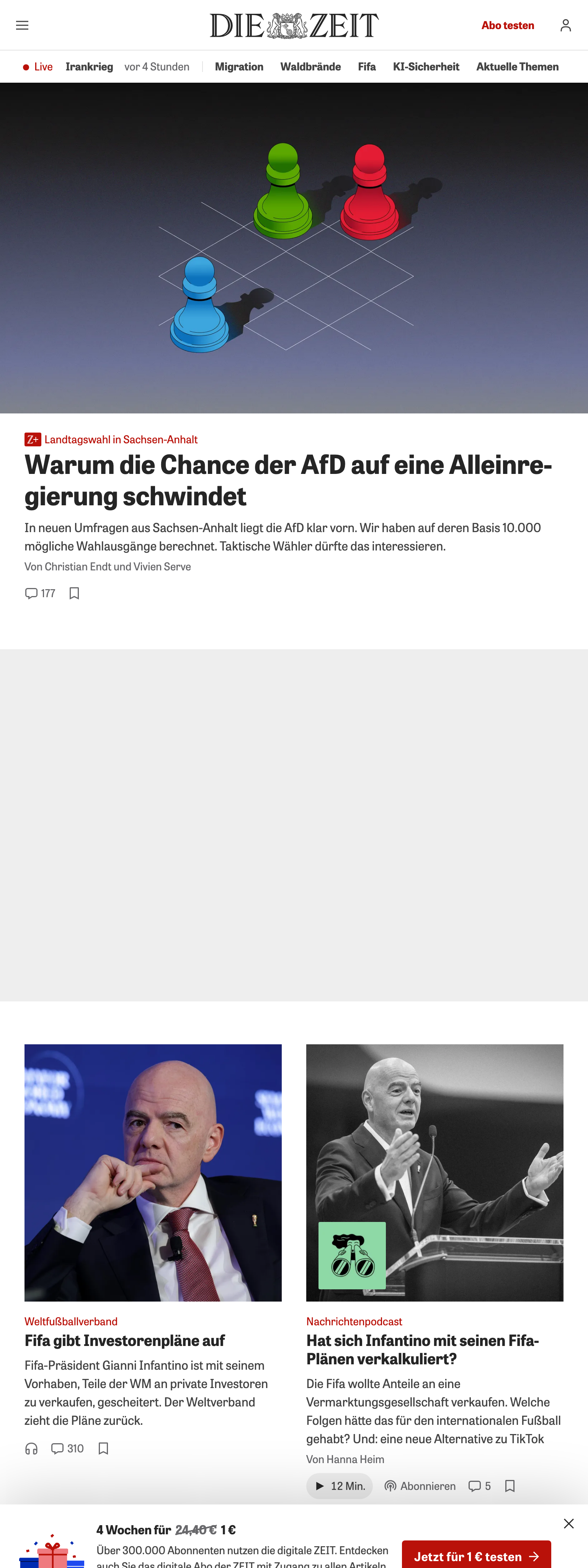Screenshot of the ZEIT ONLINE front page