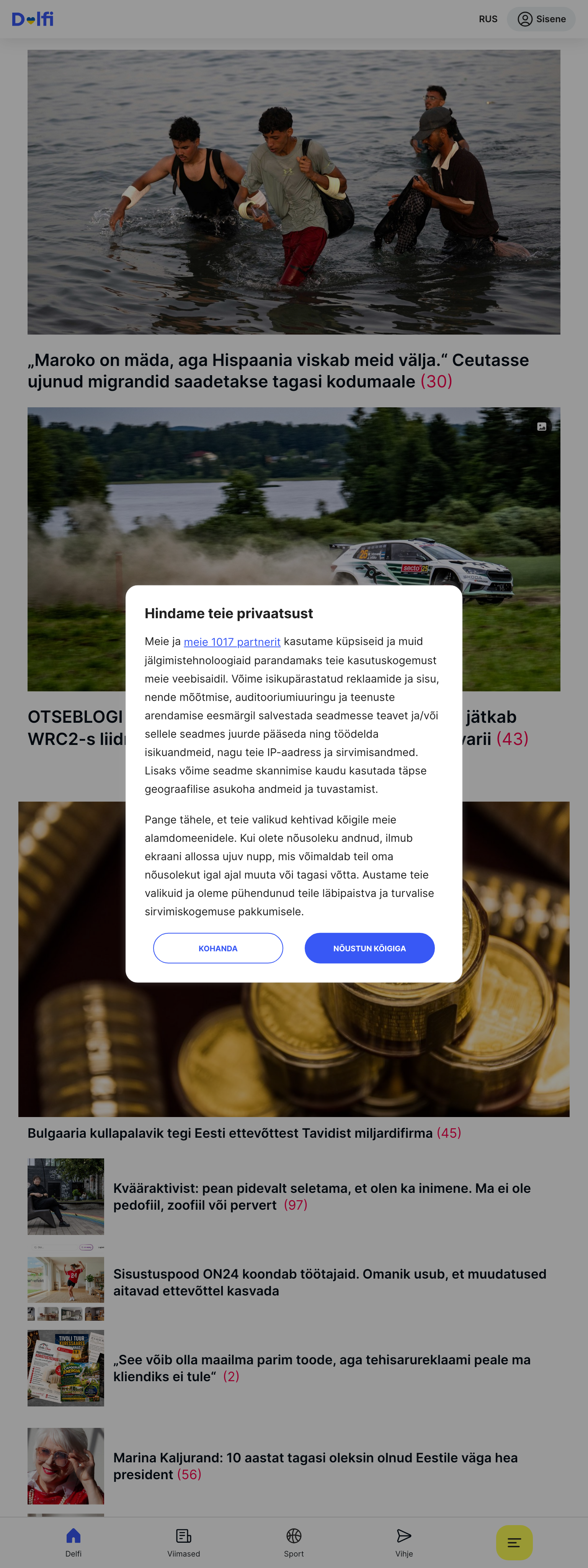 Screenshot of the Delfi front page