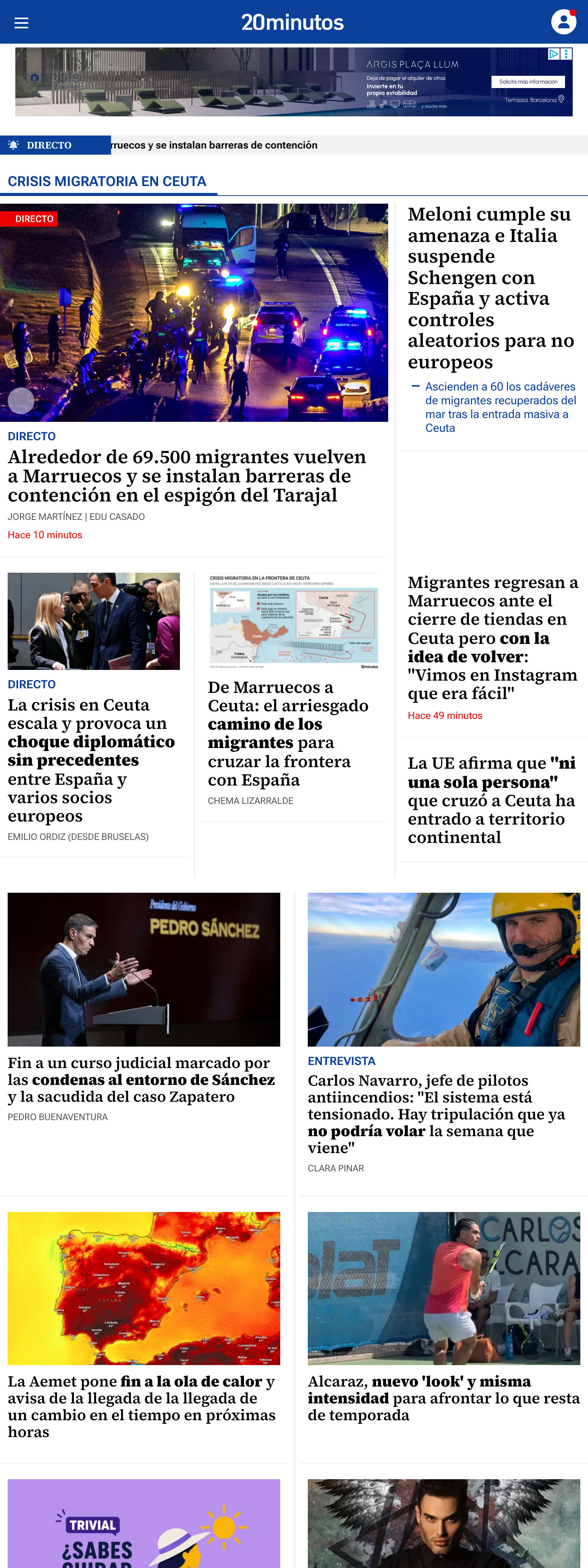 Screenshot of the 20minutos front page