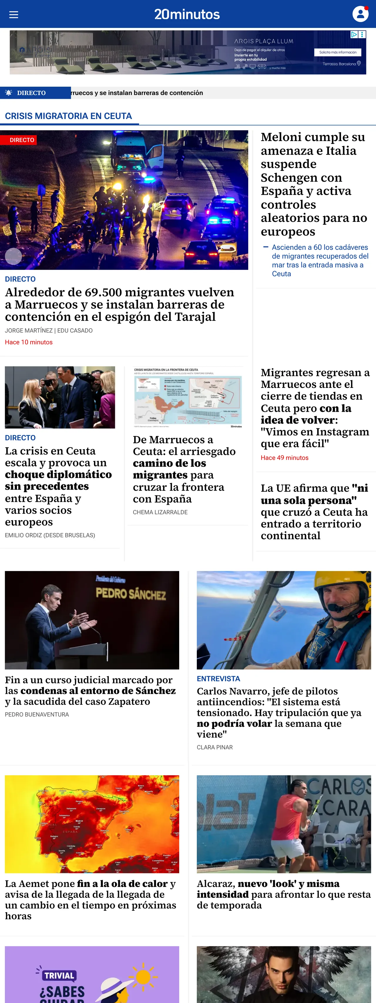 Screenshot of the 20minutos front page