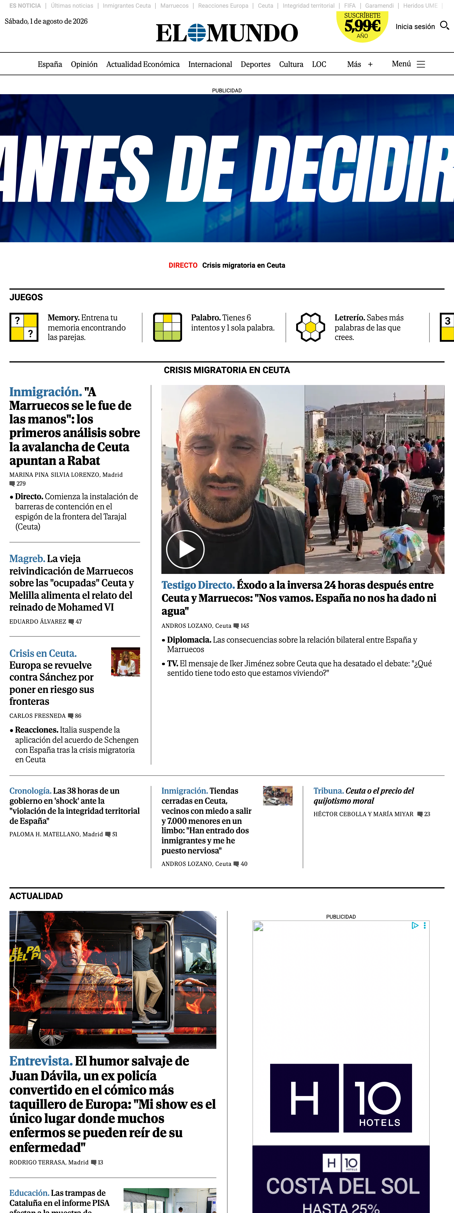 Screenshot of the El Mundo front page