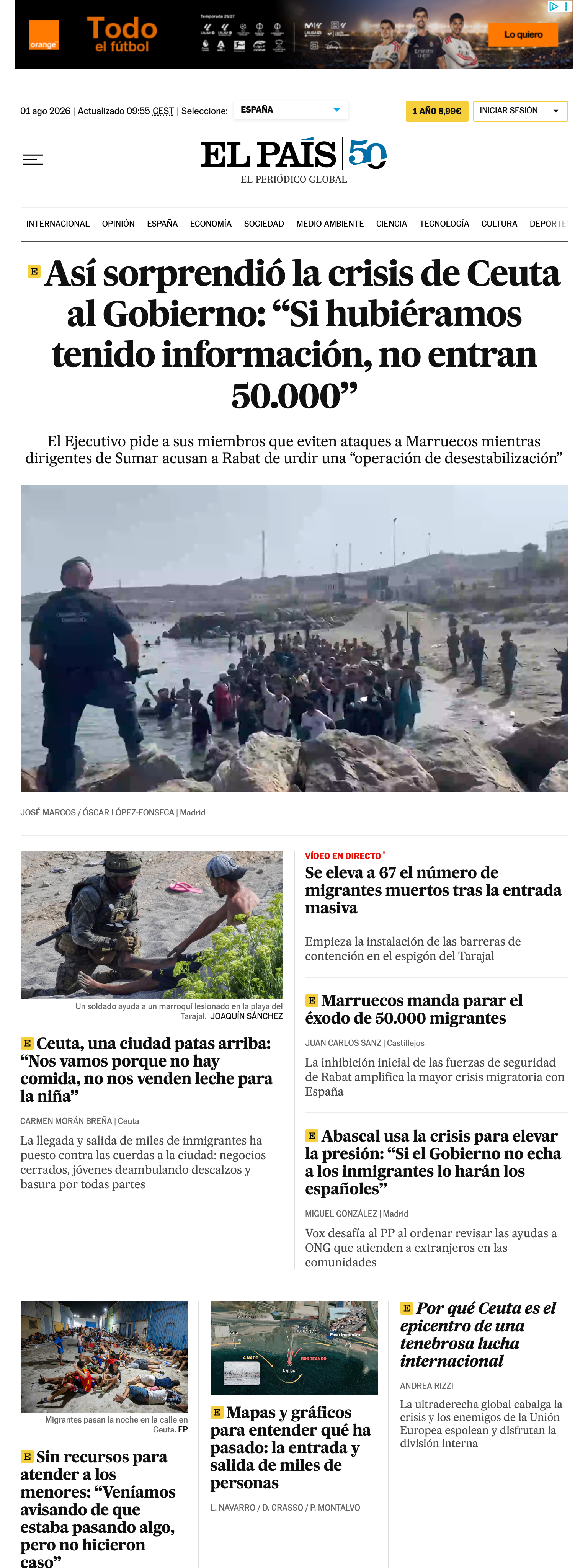 Screenshot of the EL PAÍS front page