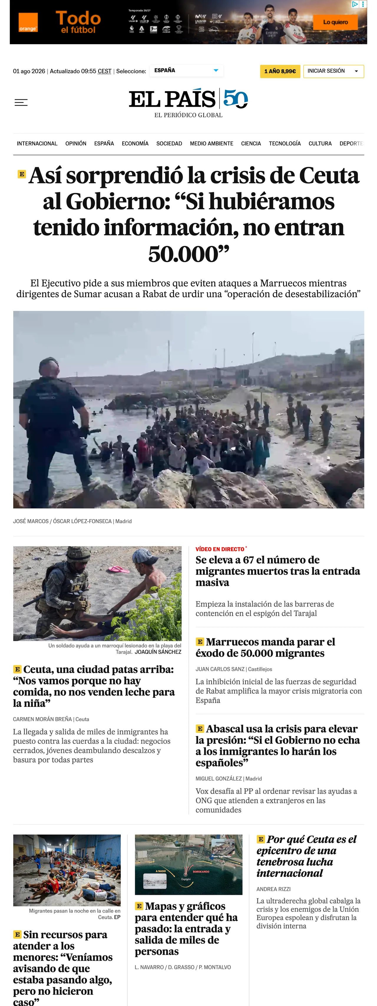 Screenshot of the EL PAÍS front page