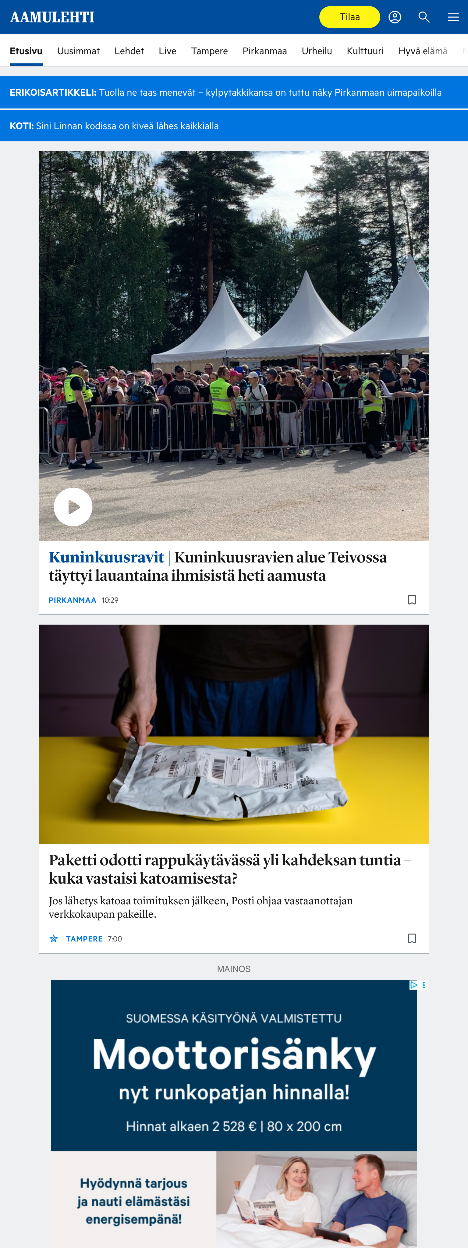 Screenshot of the Aamulehti front page