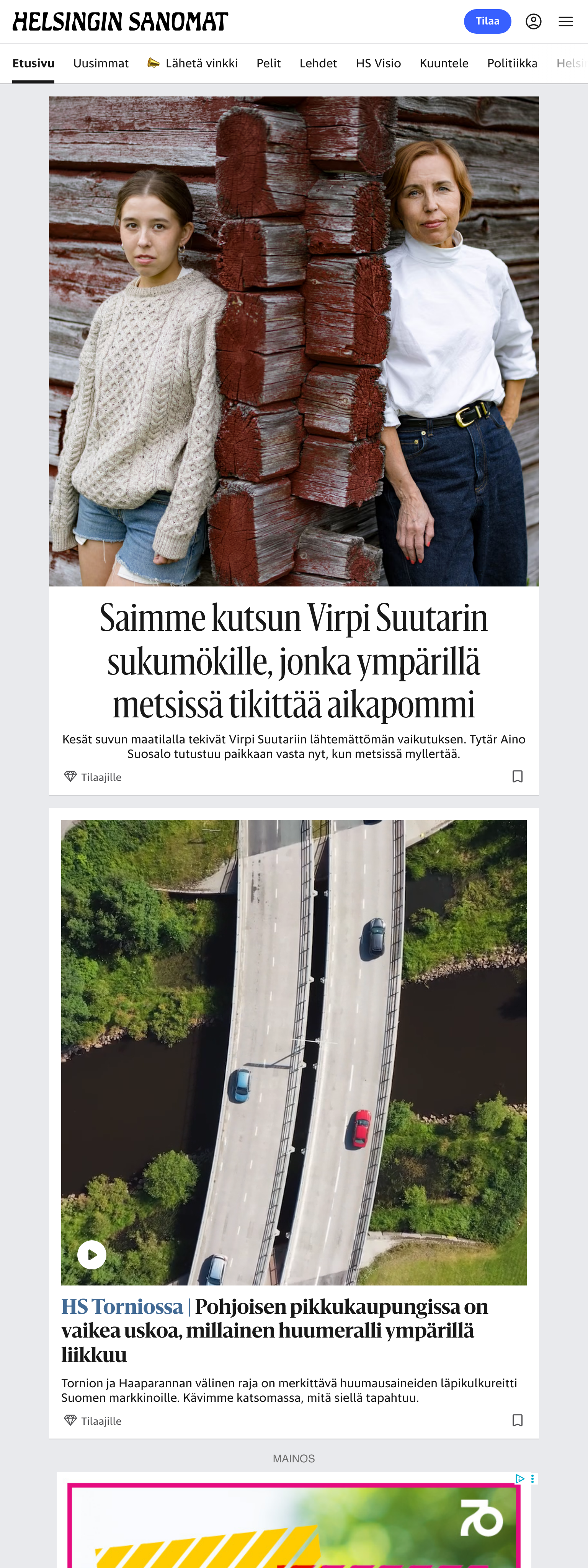 Screenshot of the Helsingin Sanomat front page
