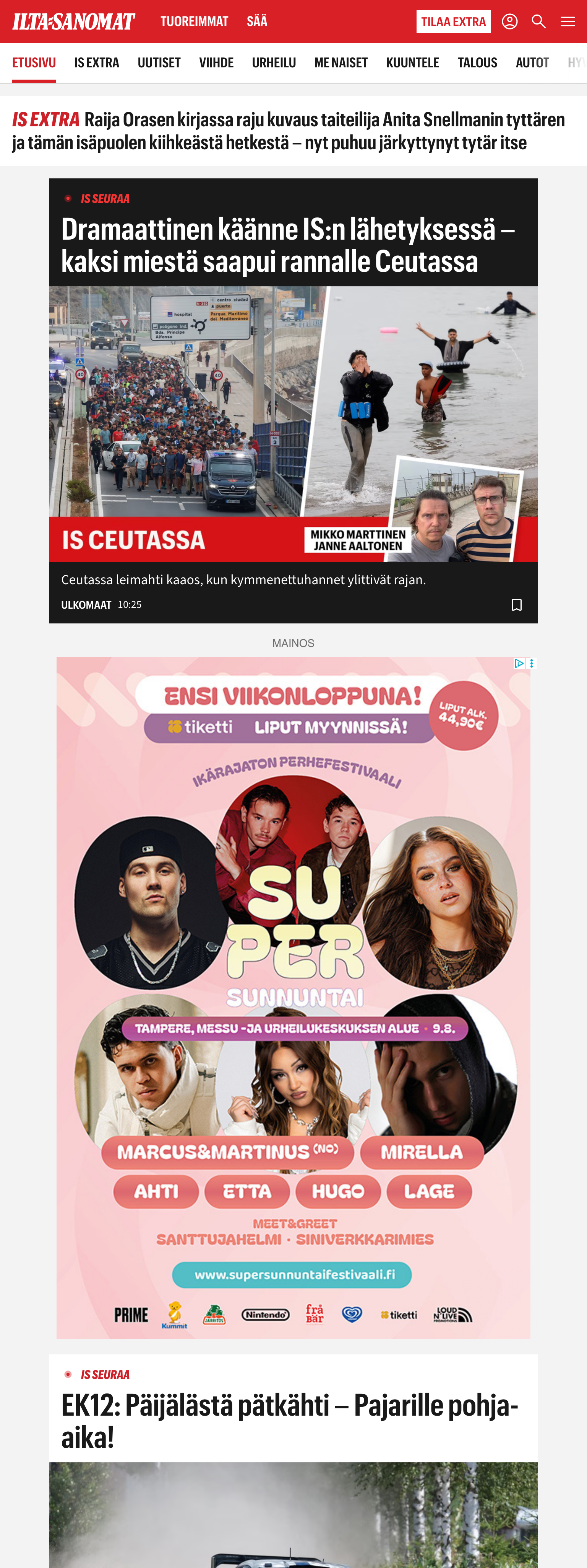 Screenshot of the Ilta-Sanomat front page