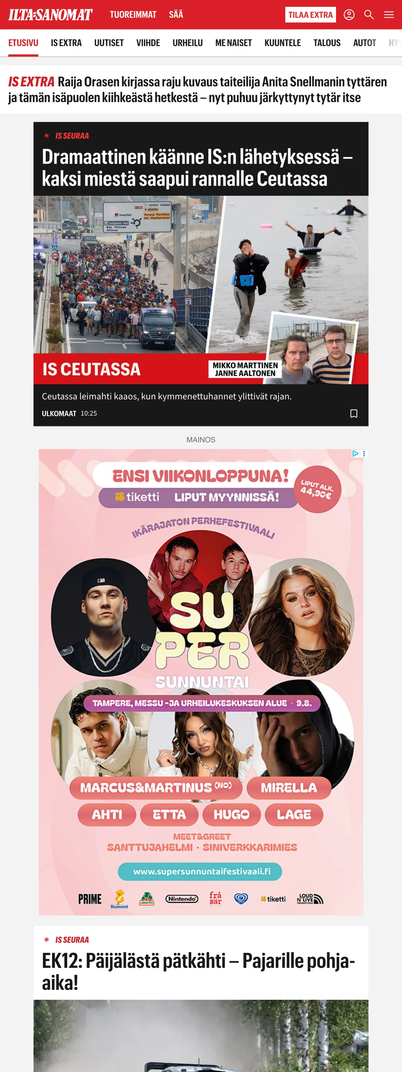 Screenshot of the Ilta-Sanomat front page