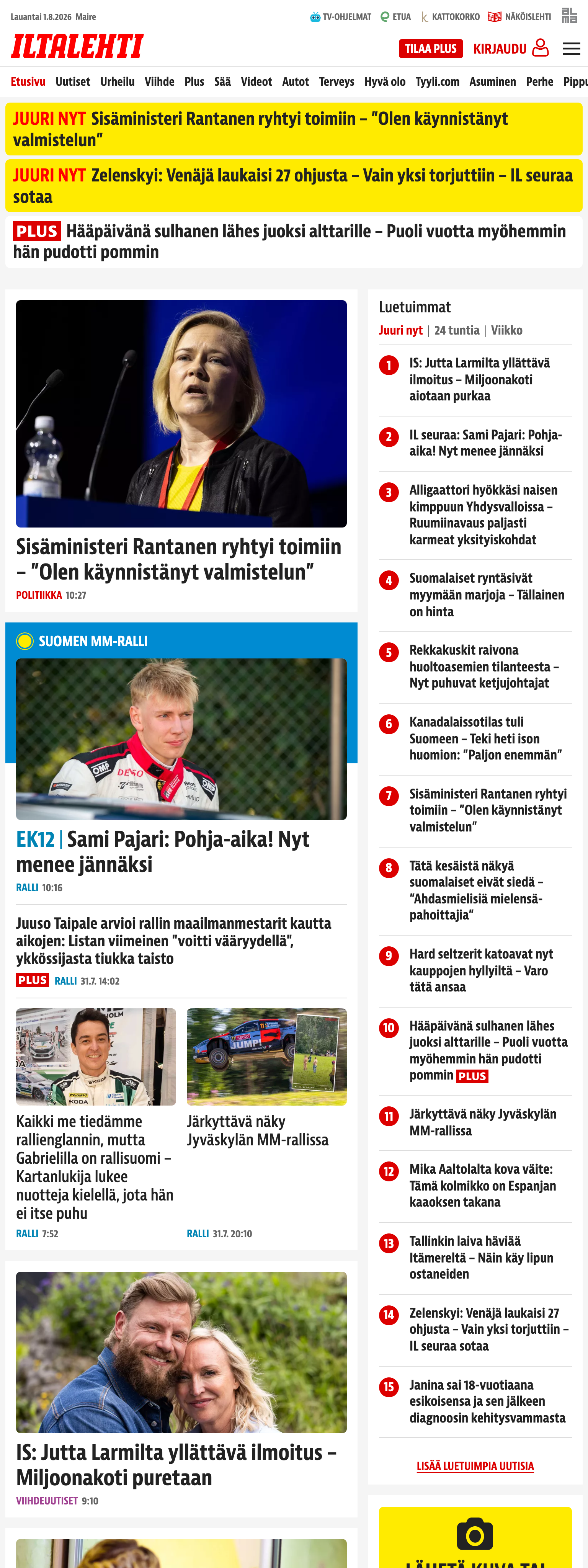 Screenshot of the Iltalehti front page
