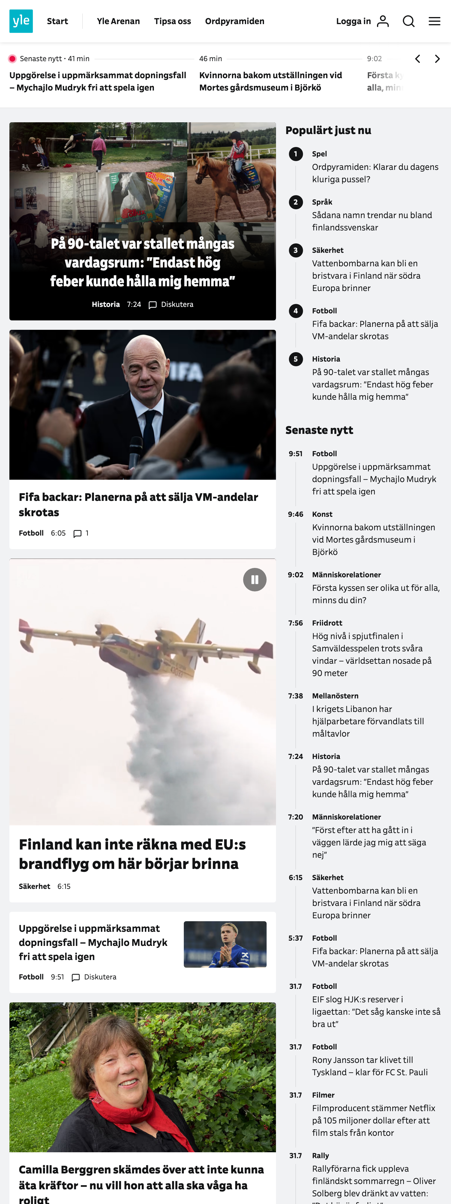 Screenshot of the Svenska Yle front page