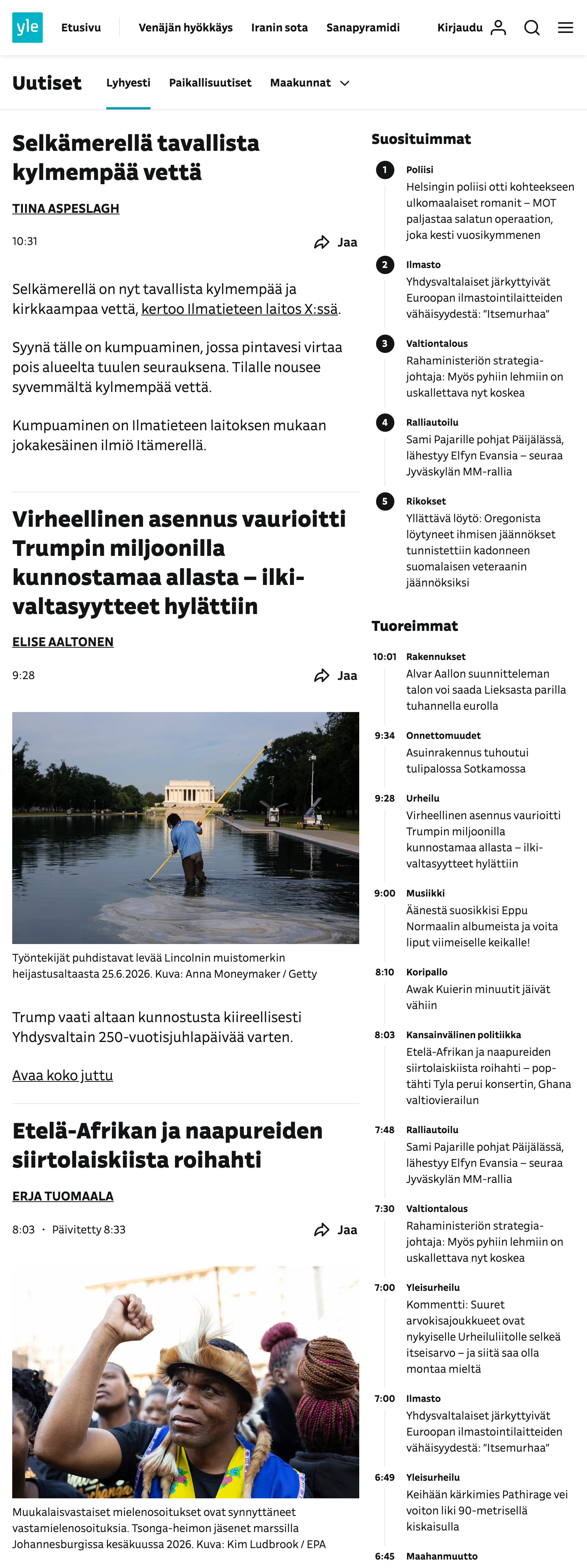 Screenshot of the Yle front page