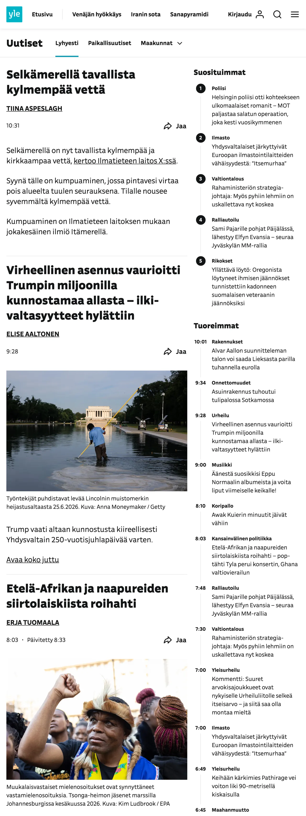 Screenshot of the Yle front page