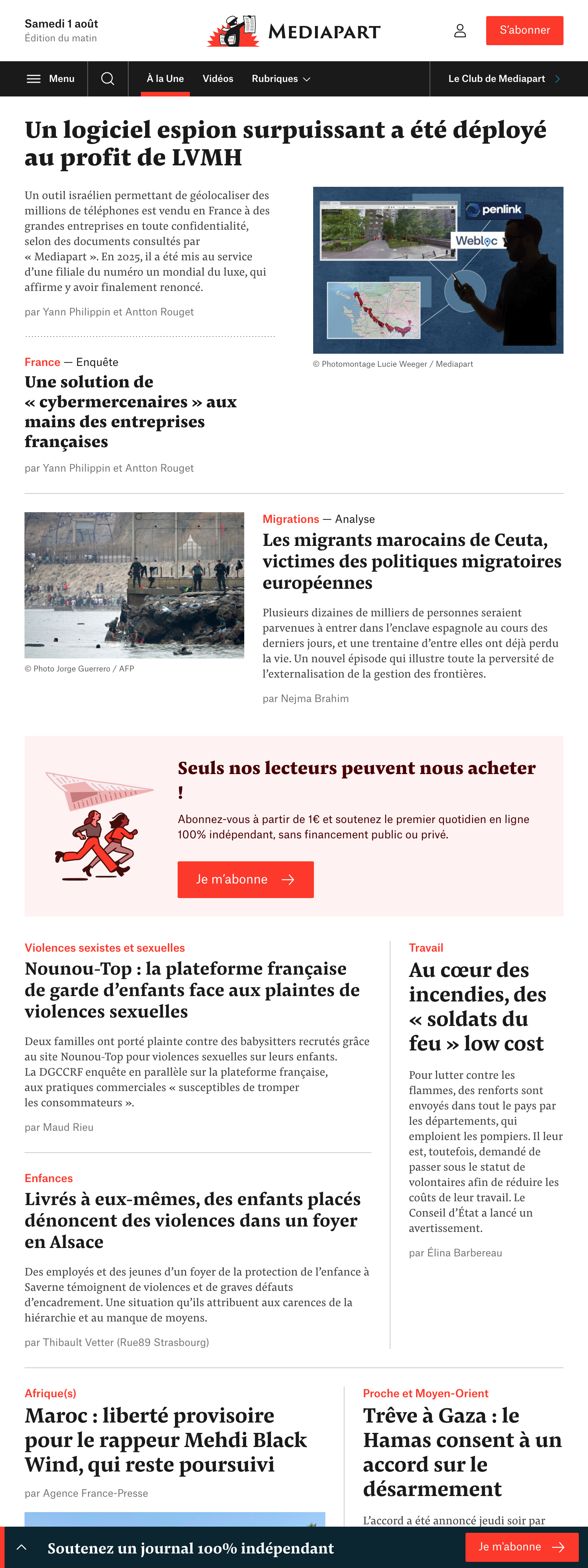Screenshot of the Mediapart front page